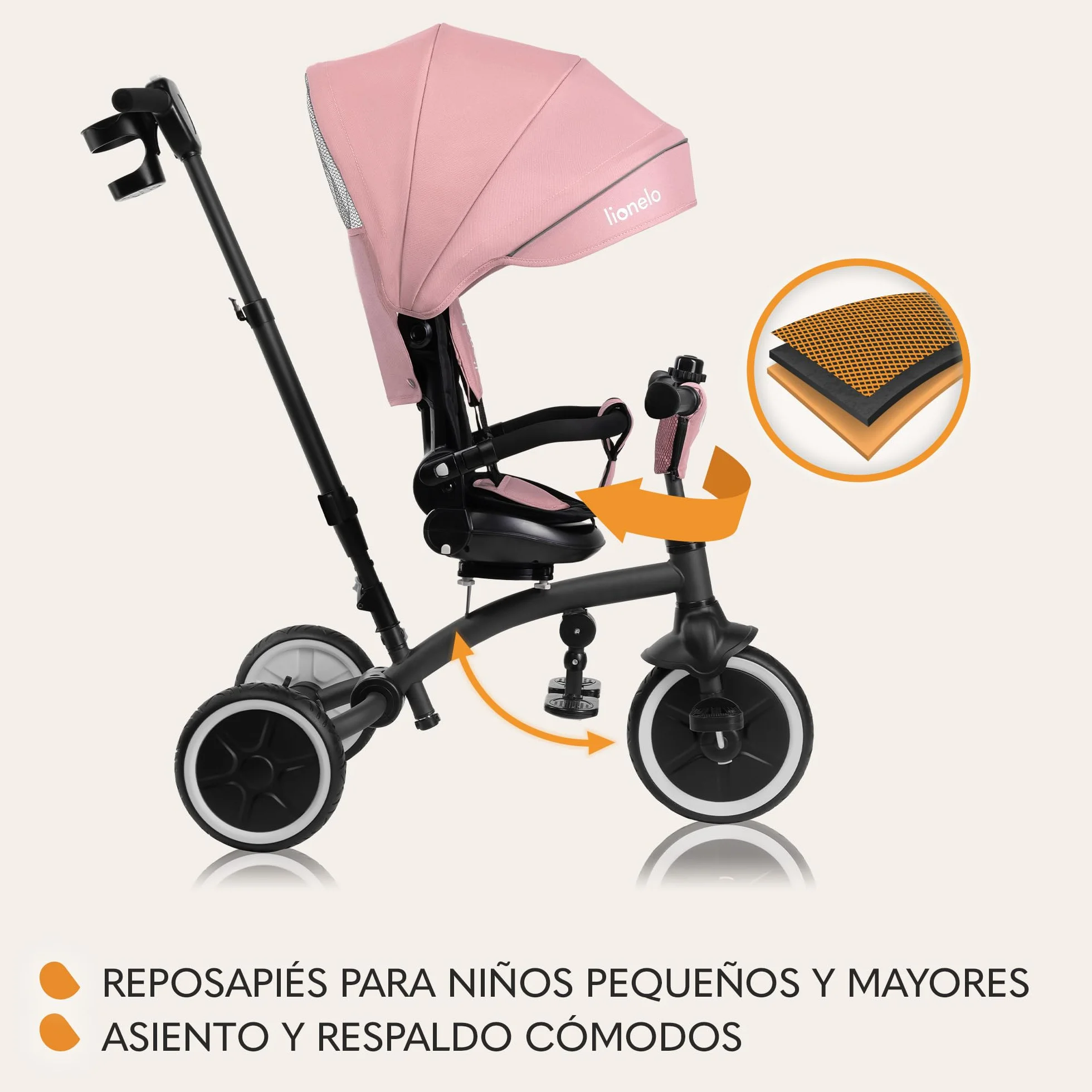LIONELO Tris Plus Bicicleta de Paseo Triciclo Multifunción de 9 Meses a 25 kg, Carrito Bebé, Ruedas Grandes PU Asiento Giratorio 360° Respaldo Ajustable Montaje sin Herramientas