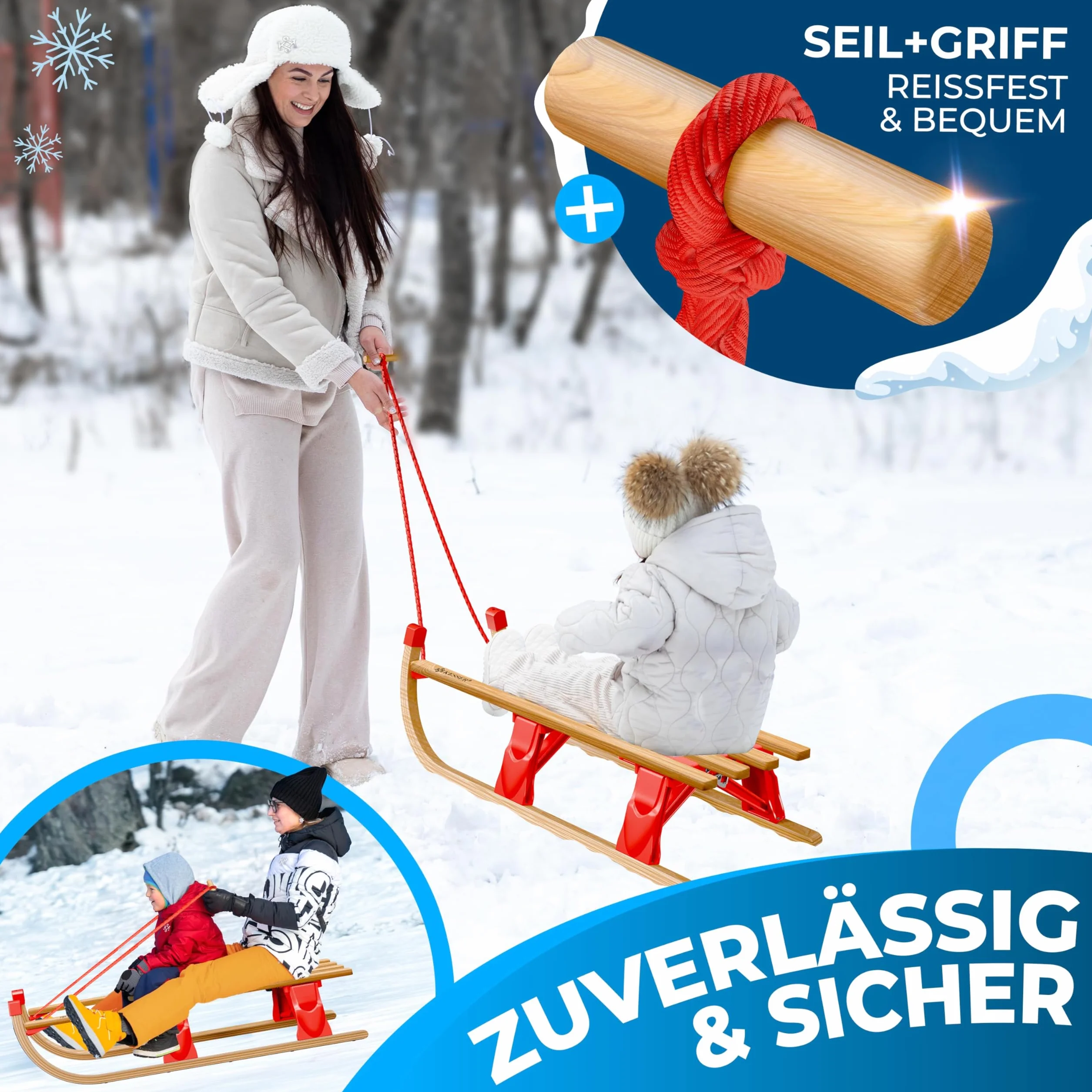 KESSER® Trineo de Madera Premium, Trineo Plegable para niños, Trineo de Madera de Haya Plegable para niños con Cuerda de Arrastre y Cuchillas de Metal.