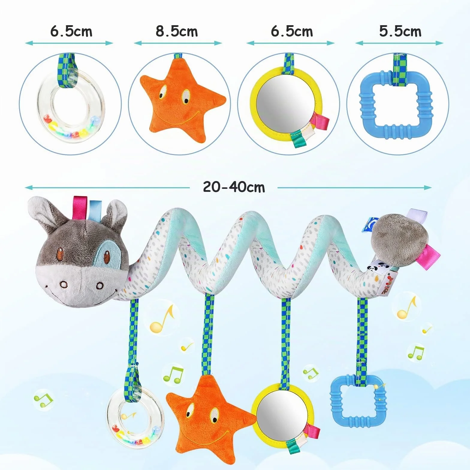 Vicloon Colgantes para Cochecitos Juguetes para Bebé de 0 a 24 Meses, Juguetes de Peluche en Espiral para Bebé con Mordedor y Sonajero, para Cochecitos/Cunas/Asientos de Automóviles (Burro)