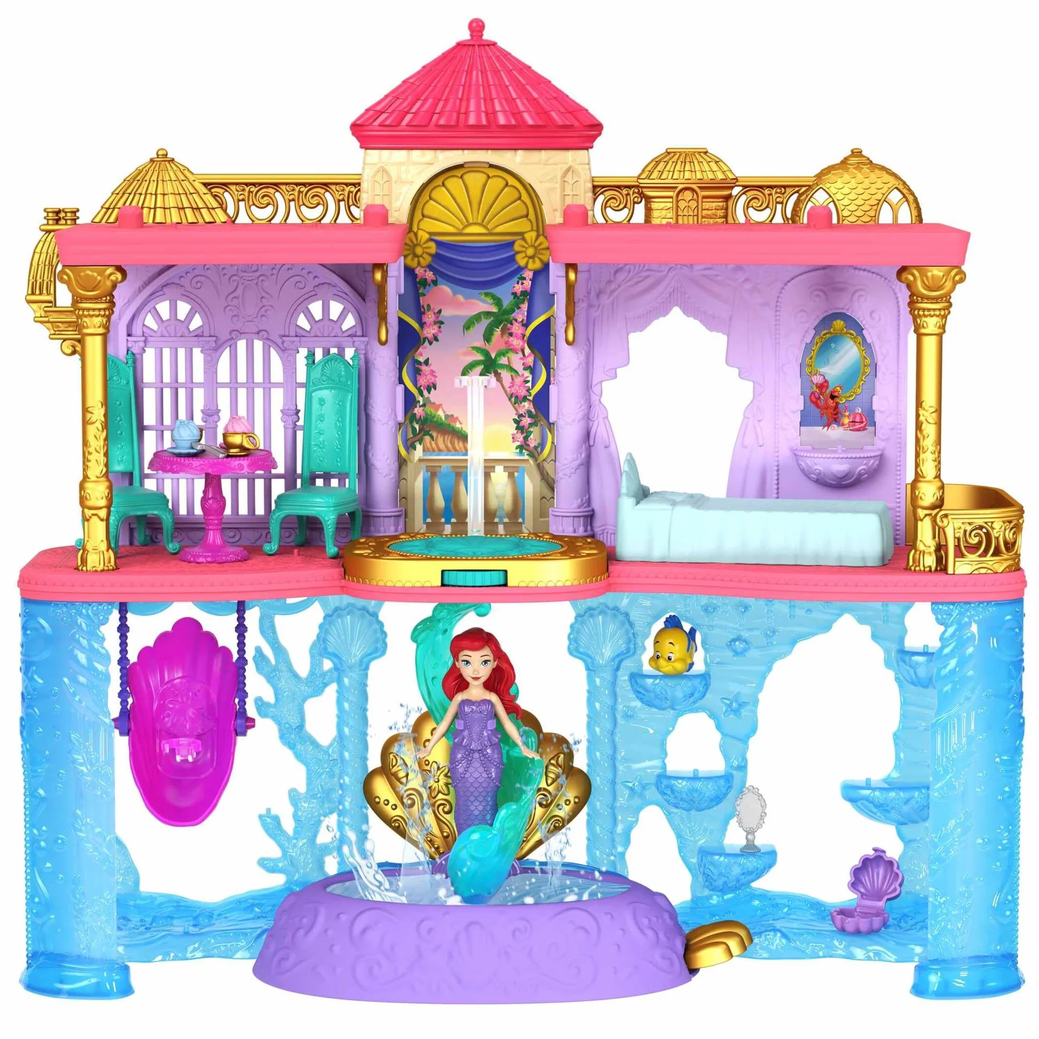 Mattel Disney Princess Minis Castillo de Ariel Casa de muñecas La Sirenita 2 pisos con figura, muebles y accesorios, juguete +3 años (HLW95)
