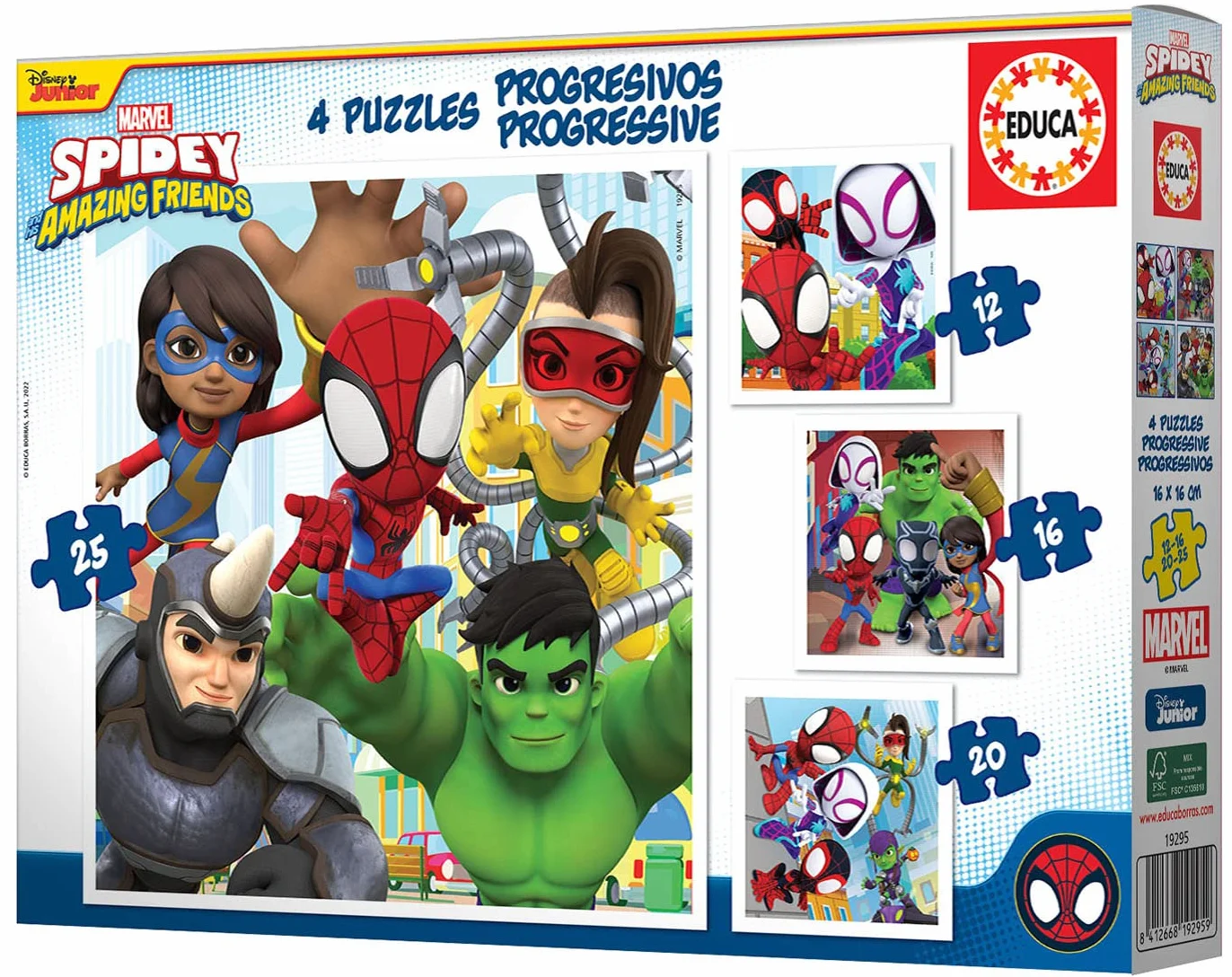 Educa - Progresivos Spidey and His Amazing Friends 12-16-20-25 4 Puzzles progresivos de cartón con 12-16-20-25 Piezas Medida aproximada de Cada Puzzle 16 x 16 cm A Partir de 3 años (19295)