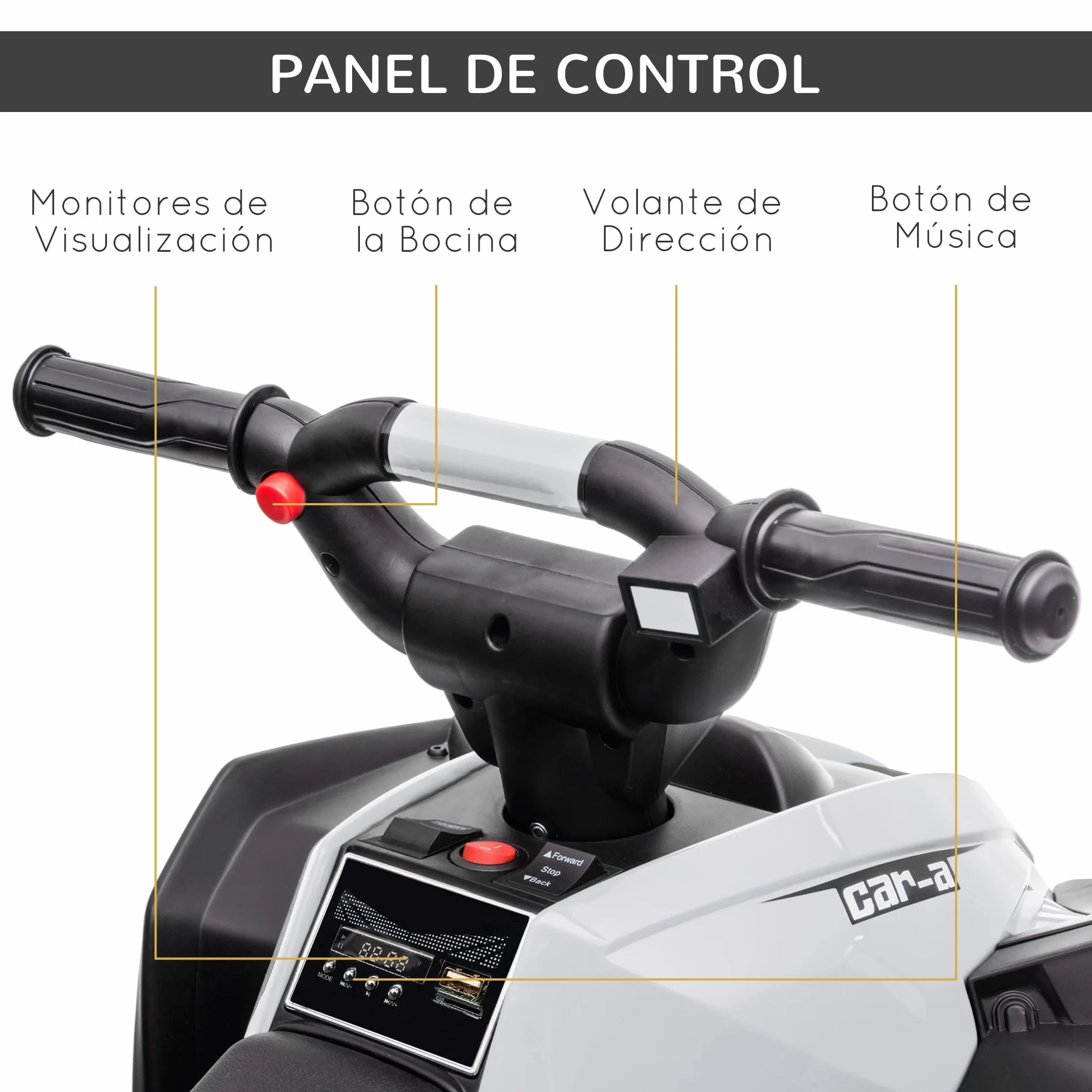 HOMCOM Quad Eléctrico para Niños 12V, Quad para Niños de 3-5 Años, con 2 Motores, Velocidad Ajustable 3-6km/h, Faros, Bocina, Música, USB, Avance y Retroceso, Blanco