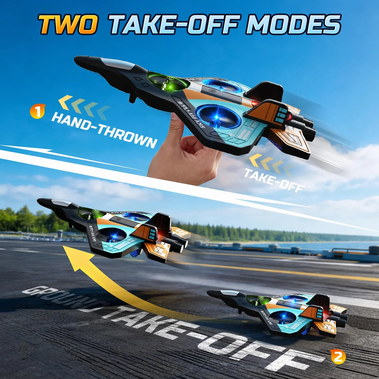 DEERC Avión de espuma RC para niños, avión teledirigido con altitud, volteos 3D y luces LED, 2 baterías, avión teledirigido para principiantes para niños y niñas (azul y naranja)