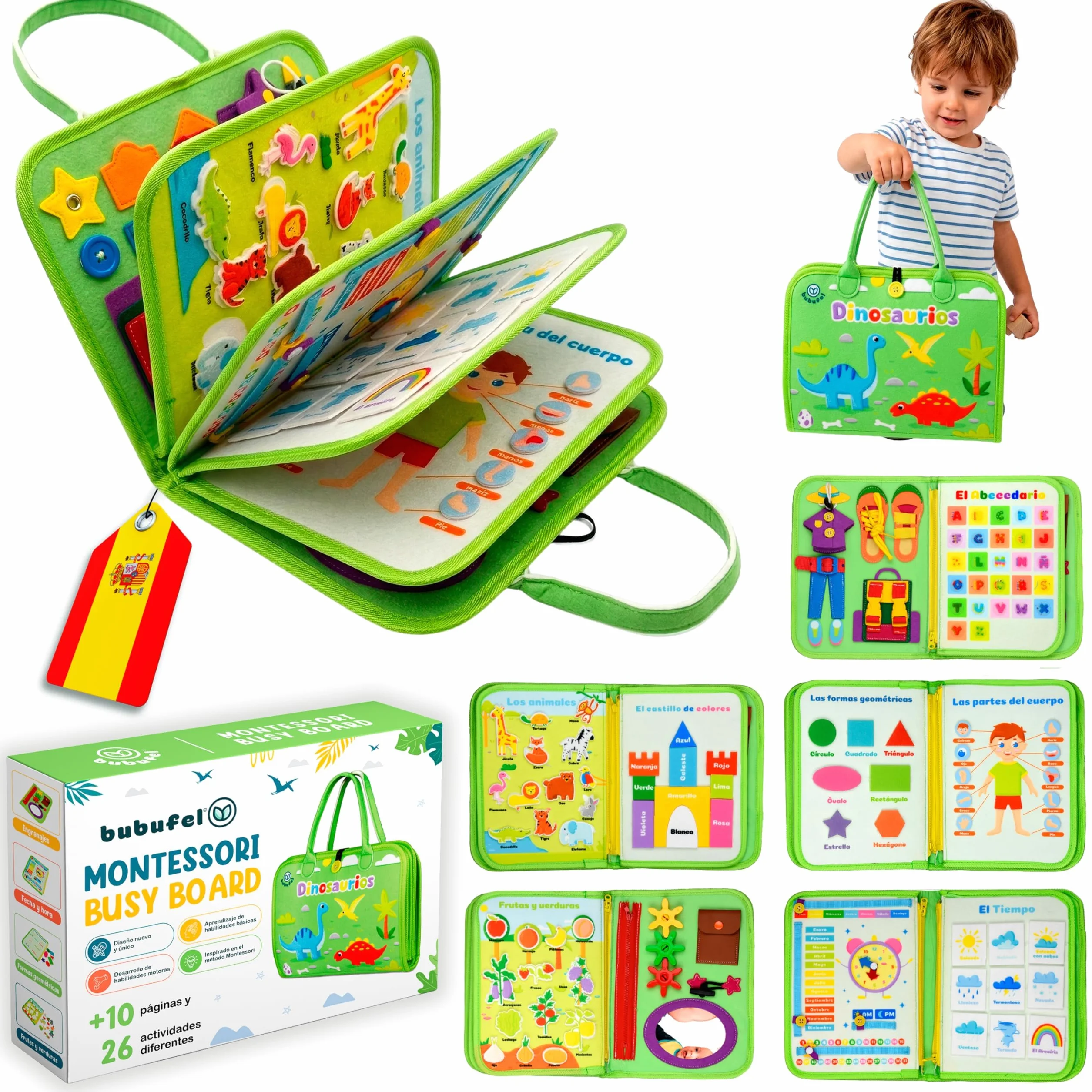 Busy Board Montessori Español | Libro Sensorial Montessori 10 Capas +26 Actividades | Juguetes Educativos 2 3 4 Años | Motricidad Fina | Maletín Busy Book Fieltro | Regalo Niño Niña