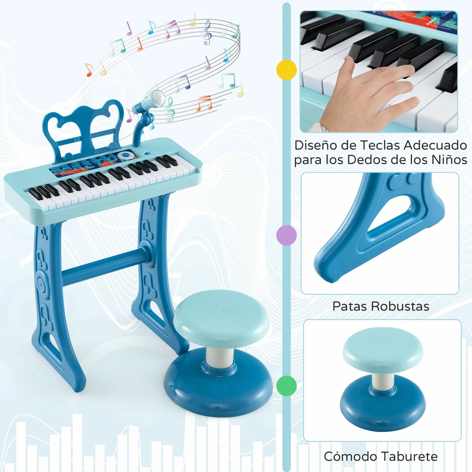 RELAX4LIFE Piano Infantil 37 Teclas con Micrófono, Taburete, Atril, Grabación y Reproducción, Volumen Ajustable, Karaoke Infantil con 22 Canciones, 4 Ritmos, 4 Instrumentos para Niños 3+ Años (Azul)