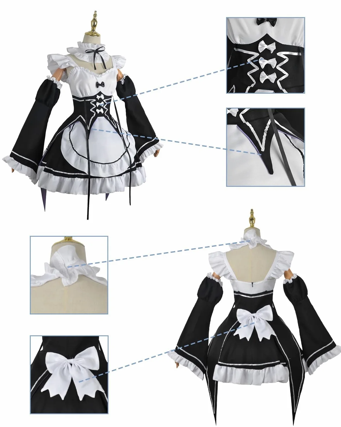 Fiamll Anime Ram Rem Cosplay Disfraz Emilia Outfit Re Life In A Different World From Zero Maid Vestido Uniforme Completo Set Carnaval Dress Up Traje con Peluca para Mujeres Niñas