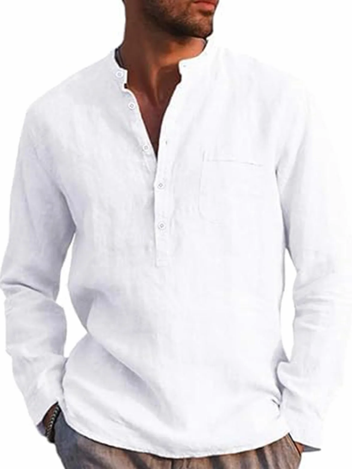 Camisa de lino para hombre manga larga algodón corte regular playa verano