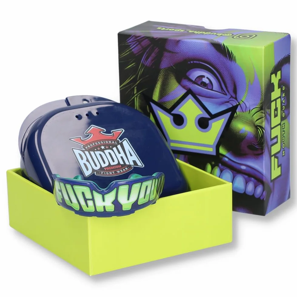 BUDDHA FIGHT WEAR Protector bucal Premium adultos y niños +12 Años para deportes de contacto rugby MMA kickboxing judo hockey boxeo Azul-Amarillo
