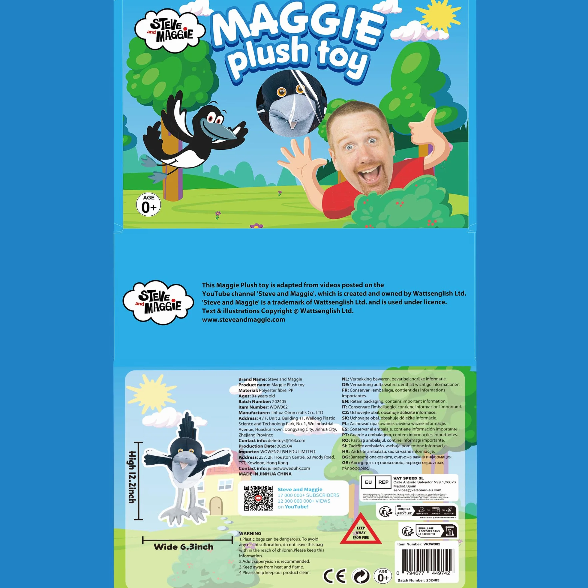 Muñeco de peluche Steve y Maggie – Marioneta de mano Maggie la Urraca para niños a partir de 1 año, suave marioneta de pájaro para juegos de rol, canciones infantiles y aprendizaje (PEQUEÑO)