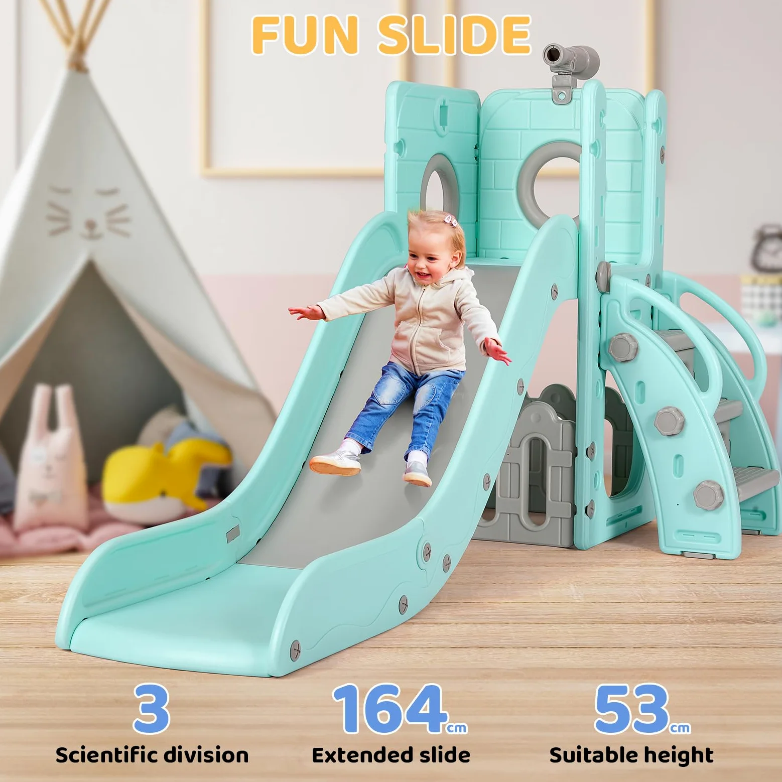 Tobogán y Columpio, Parque Infantil 5 en 1, con Tobogán Largo, Columpio, Escalada, Telescopio de Juego, Almacenamiento, Tobogán para Interior y Exterior, Juego de Tobogán para Bebé, Verde Gris