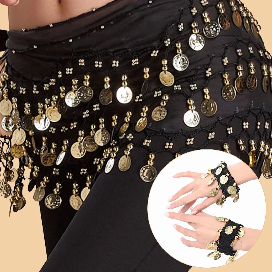 Bufandas de Cadera para Danza del Vientre, Faldas con Forma de Onda para Mujeres, Cinturón con Monedas y Brazaletes