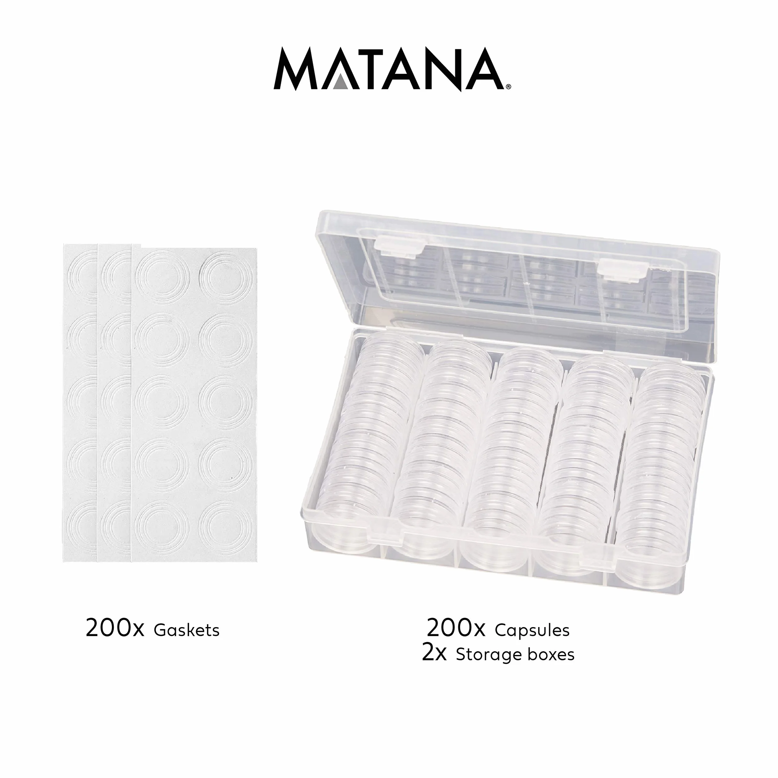 MATANA - 200 Piezas Cápsulas de Soporte de Monedas (33mm) - Estuche Plastico con Juntas de EVA - Caja Clasificadora de Almacenamiento y Colección de Monedas