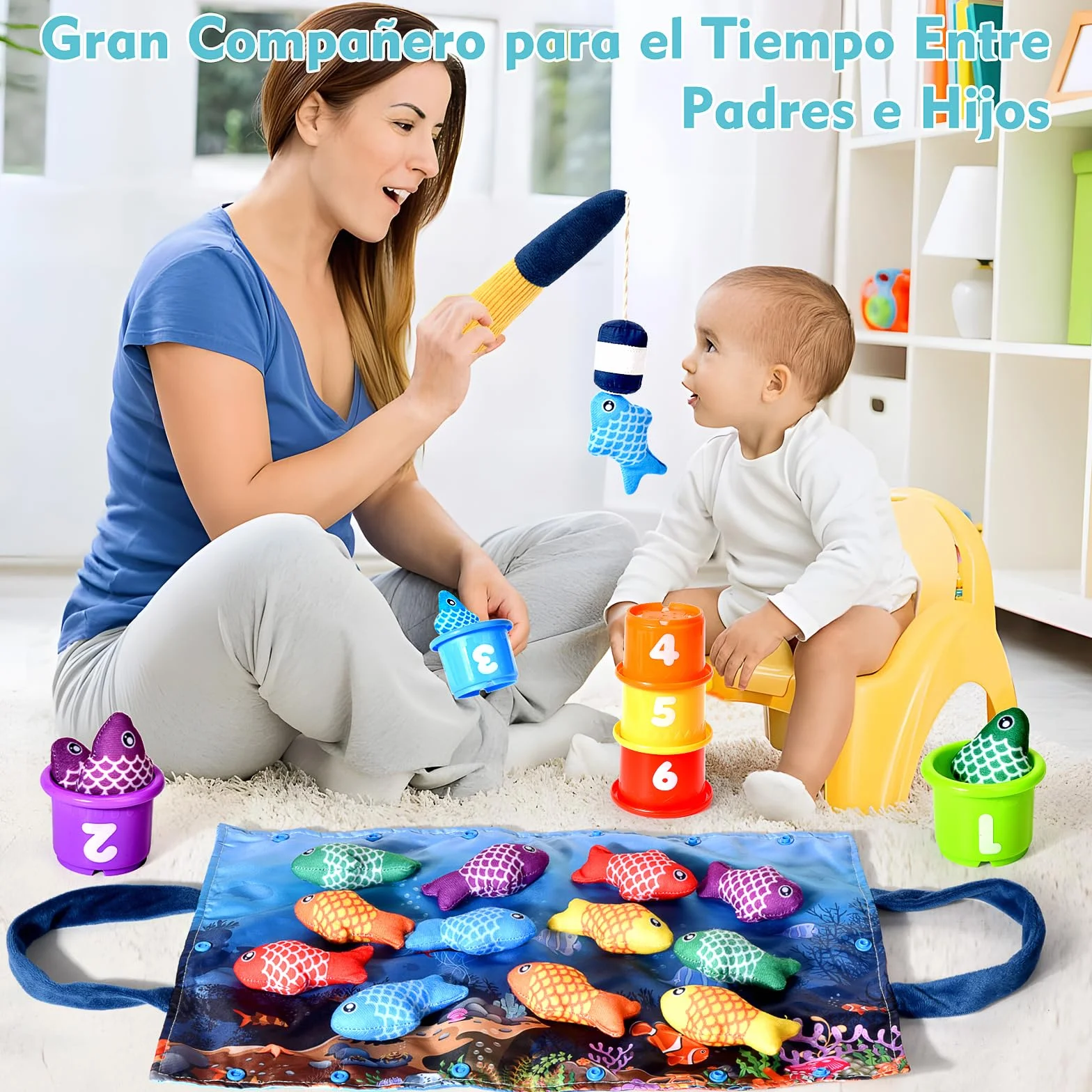 Juguetes Niños 1 Año Montessori, 20 Piezas Juego Pesca de Tela con Taza Apilables, Almacén Bolsa, Educativos Juguetes Bebes 6-12 Meses, Regalo Bebe 1 2 Año