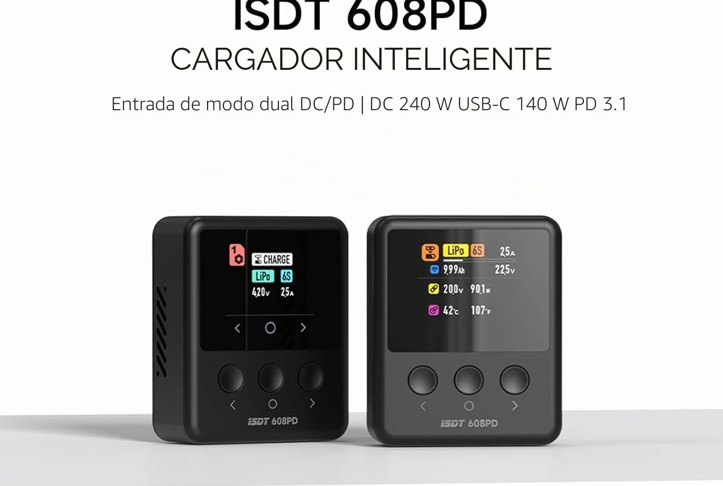 ISDT 608PD Cargador de Batería Lipo DC 6S/240W/10A USB C 100W/5A para Baterías RC Cargador de Equilibrio para Baterías Life/Lilon/LiPo/LiHV (1-6S), NiMH (1-16S), Pb (1-12S)