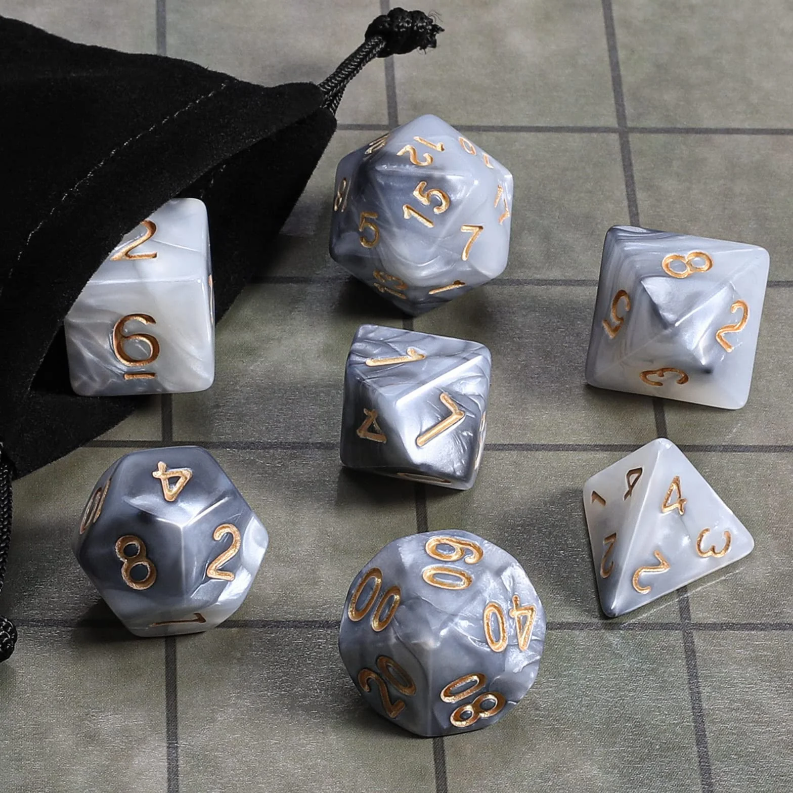 QMAY DND - Juego de dados poliédricos de 7 piezas para Dungeon and Dragons MTG RPG D&D D20, D12, D10, D%, D8, D6, D4 (gris mezclado blanco)