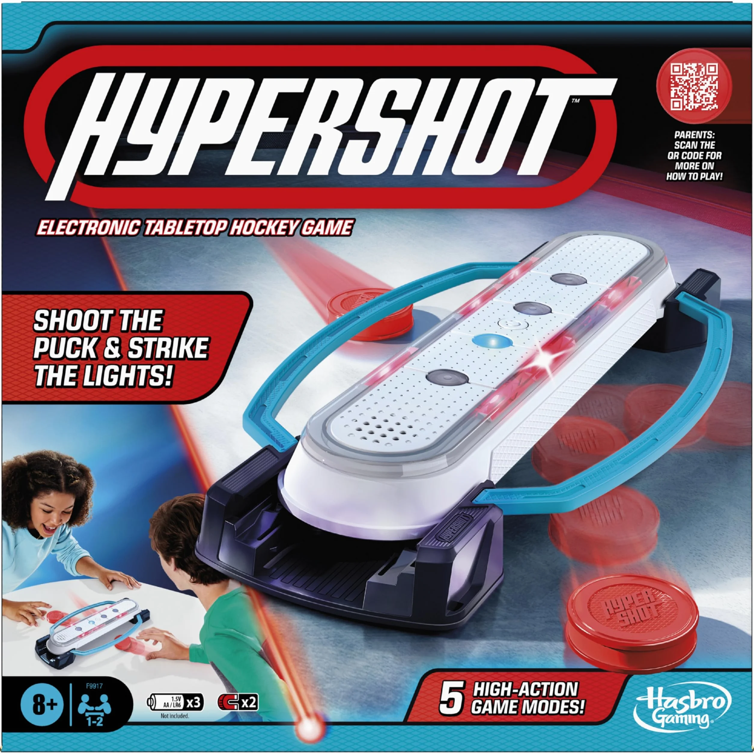 Hasbro Gaming Hypershot - Juego electrónico de Hockey de Mesa | 5 Juegos en 1 | Música, Luces y Sonidos | A Partir de 8 años | para 1 a 2 Jugadores | Juegos de Mesa para niños