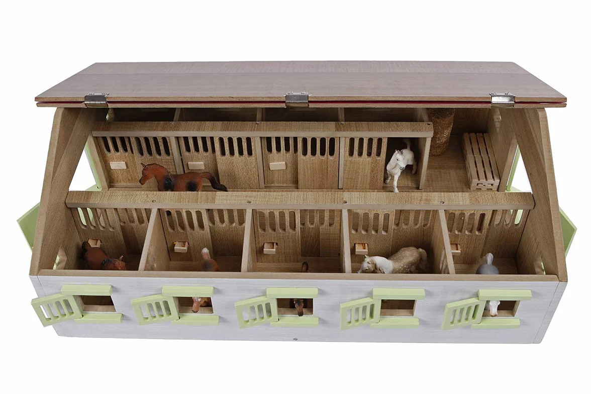 Van Manen Kids Globe Farming Granja Ecuestre con 9 establos, Caballo, cuadra de Madera con Techo Plegable, 610188, Color Rosa