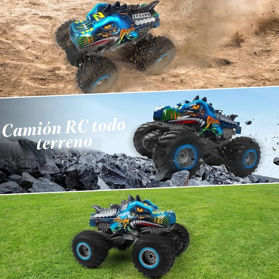 Coche teledirigido 1:16 RC Dinosaurios Monster Truck 2.4GHz 20 Km/h Radiocontrolado Todo Terreno con Niebla rociadora música Luces LED Regalo para niños de 4 5 6 8 años