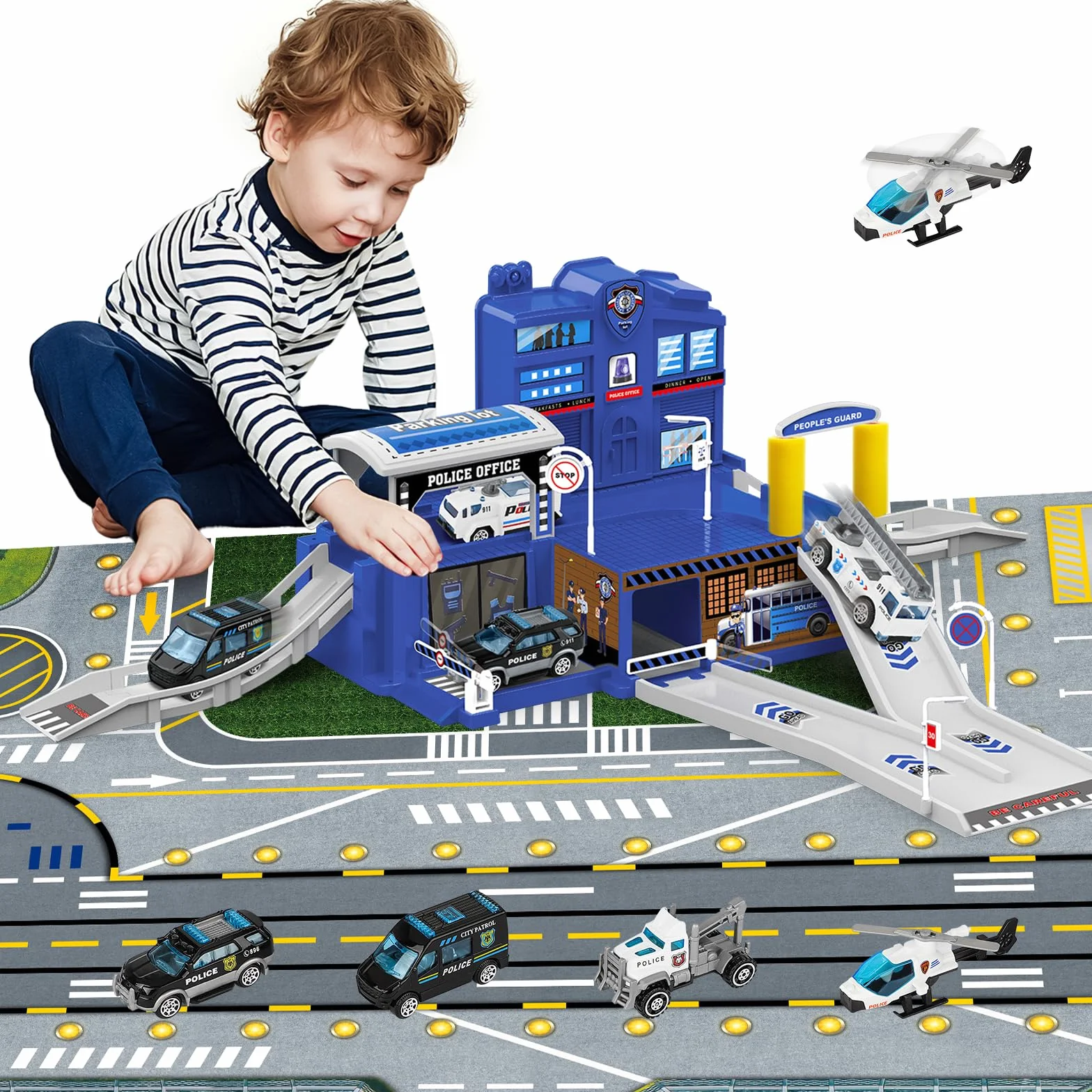 deAO City Estación de Bomberos, Departamento de Policía, Estación de Construcción, Base Militar, Helicóptero, Camión, Mapa, Regalo para Niños y Niñas de 6 Años (Azul)