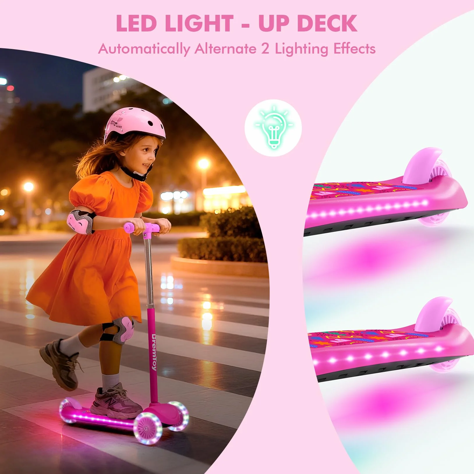 BremToy Patinete Niños 3 Años, Patinete Niños con Deck Luminosa y Ruedas LED de PU, Altura Regulable en 4 Niveles, Frenado Responsivo, Ligero, Patinete para Principiantes de 3 a 8 Años