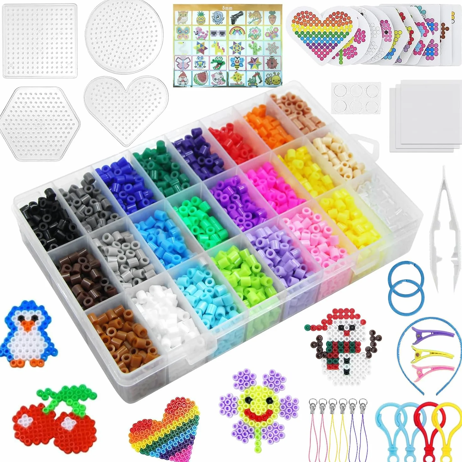 Set de Perlas de Planchar, cuentas para planchar con Purpurina de 5 mm, con Placas, Plantillas y Accesorios en Caja Clasificadora, para Cumpleaños Navidad Regalo Niños DIY (24 Colores / 6300 Piezas)