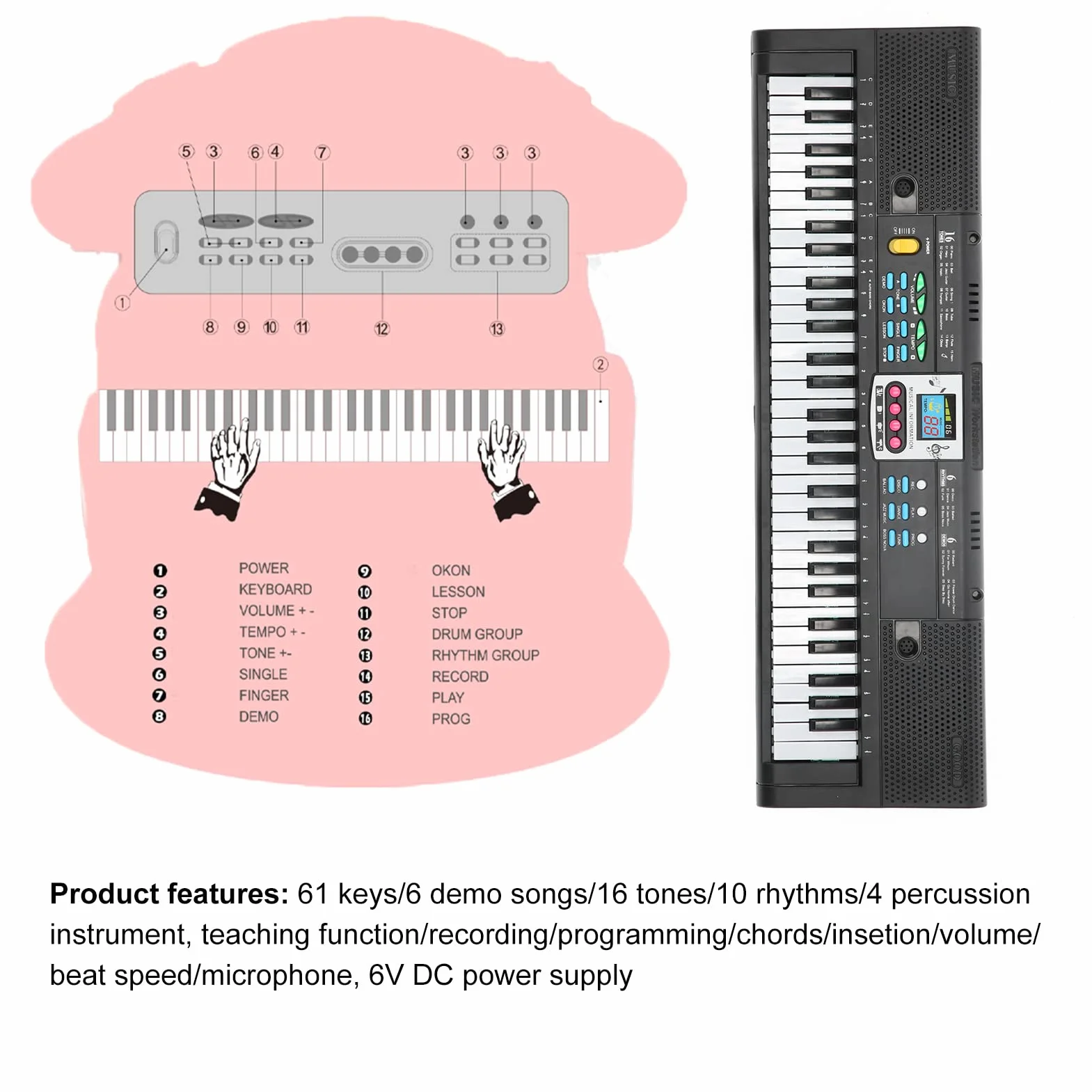 Teclado Electrónico 61 Teclas Portátil Multifuncional con Micrófono para Principiantes Compatible con Dispositivos Móviles Ideal para Aprendizaje Musical y Entretenimiento en Casa o Estudio