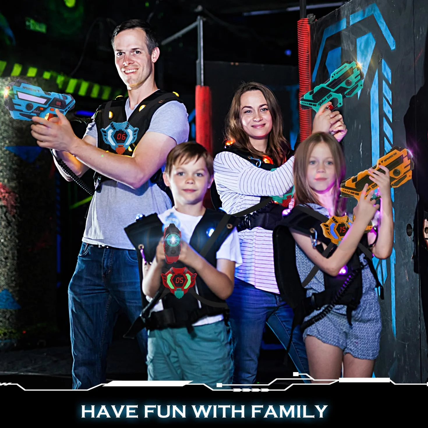 VATOS Recargable Laser Tag Set 4 Packs - En Tiempo Real de Datos Sync Infrarrojos Laser Tag Sets, 4 Jugador Lazer Tag Juego de Disparos para Niños Adolescentes Edad 6-12 años