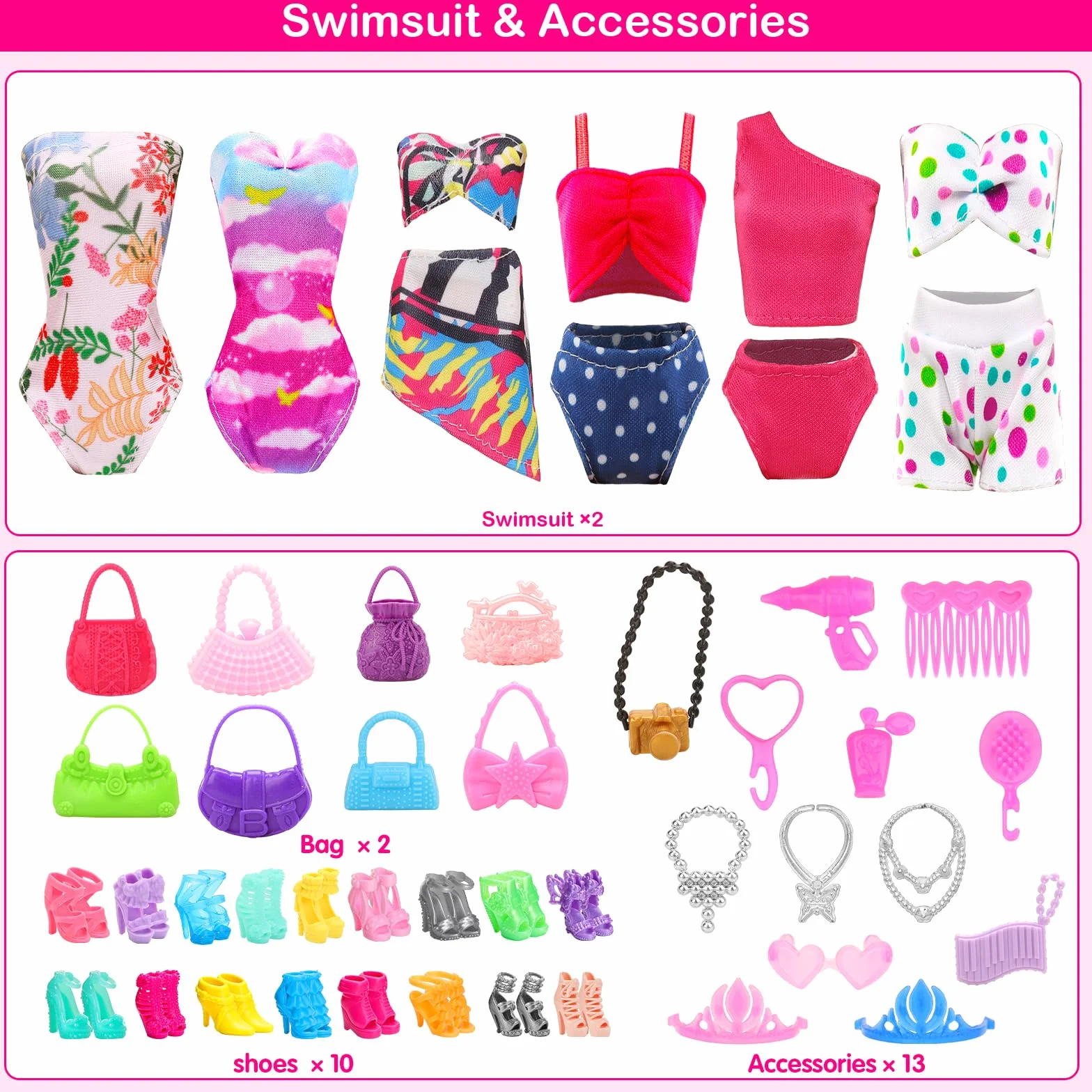 58 Piezas para Muñecas De 11,5 Pulgadas Y 30 Centímetros: 2 Vestidos De Novia + 2 Ropas + 2 Pantalones + 2 Trajes de baño + 12 Vestidos De Moda + 10 PCS (20) Zapatos + 18 Accesorios
