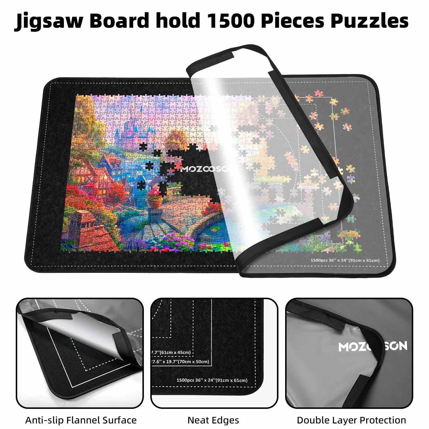 MOZOOSON Tablero de Rompecabezas Plegable, Puzzle Board 1500 Piezas, Accesorios para Mover y Guardar, Tapete Puzzle Portátil 8 Bandejas de Clasificación + 1 Cover