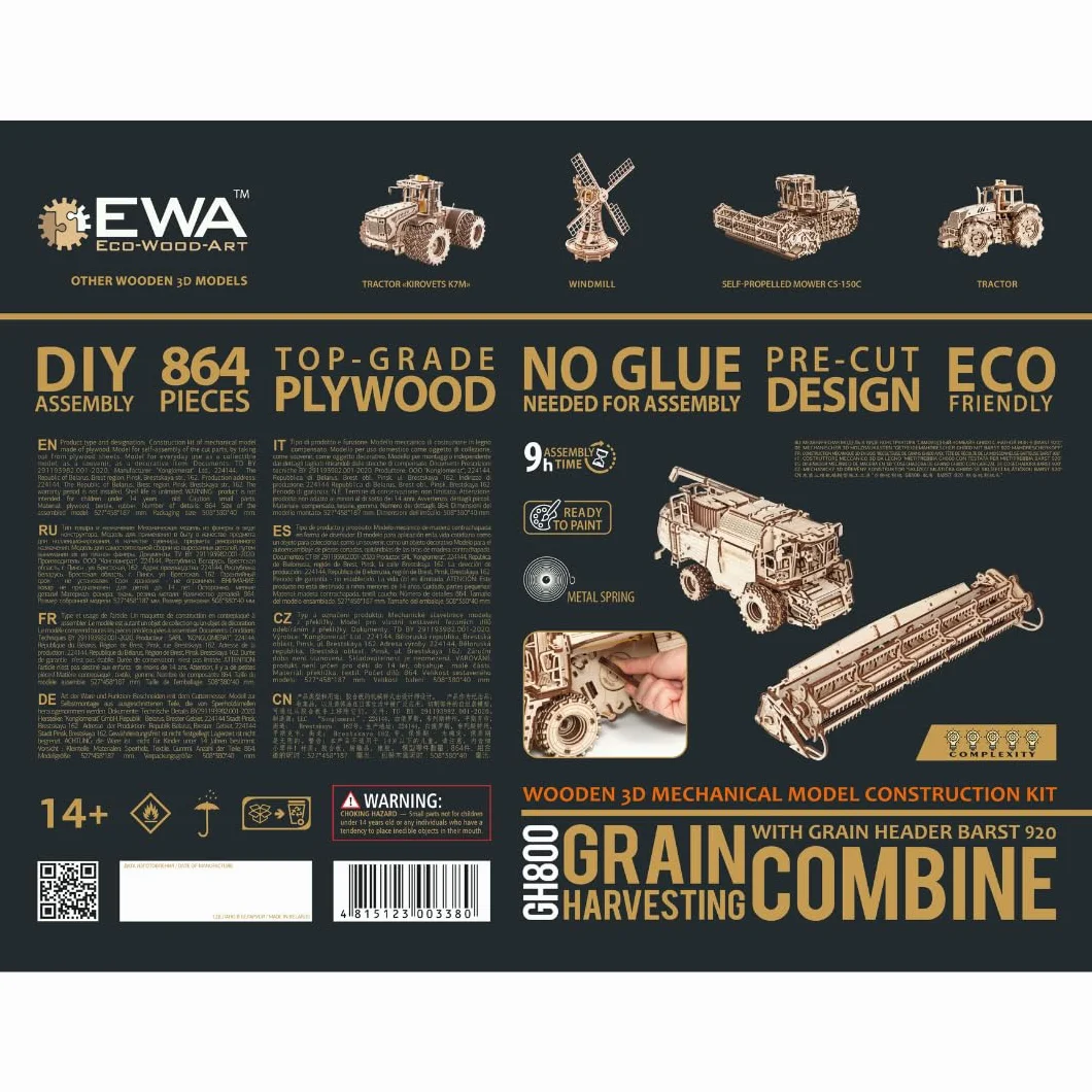 EWA Eco-Wood-Art Ideal para coleccionistas, Amantes de la Agricultura y Solo Aquellos Que aprecian Modelos interesantes, Color Naturaleza (HARVESTING Combine with Grain Header)