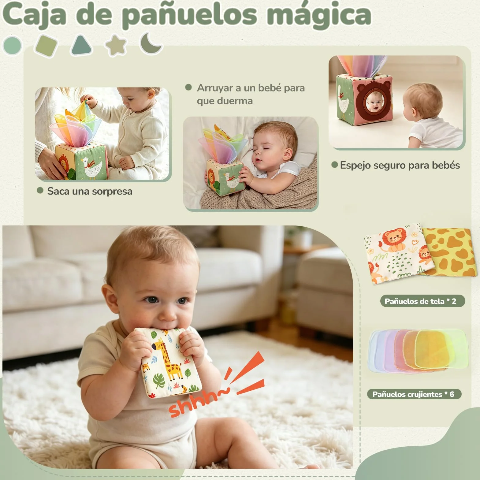 Juguetes Bebes 6 Meses, 5 en 1 Juguetes Montessori Bebes 6-12 Meses con Caja Pañuelos Bebe, Clasificación y Apilamiento de Formas, Bebe Mordedor & Educativos, Regalos Bebés Montessori 7 8 9 Meses