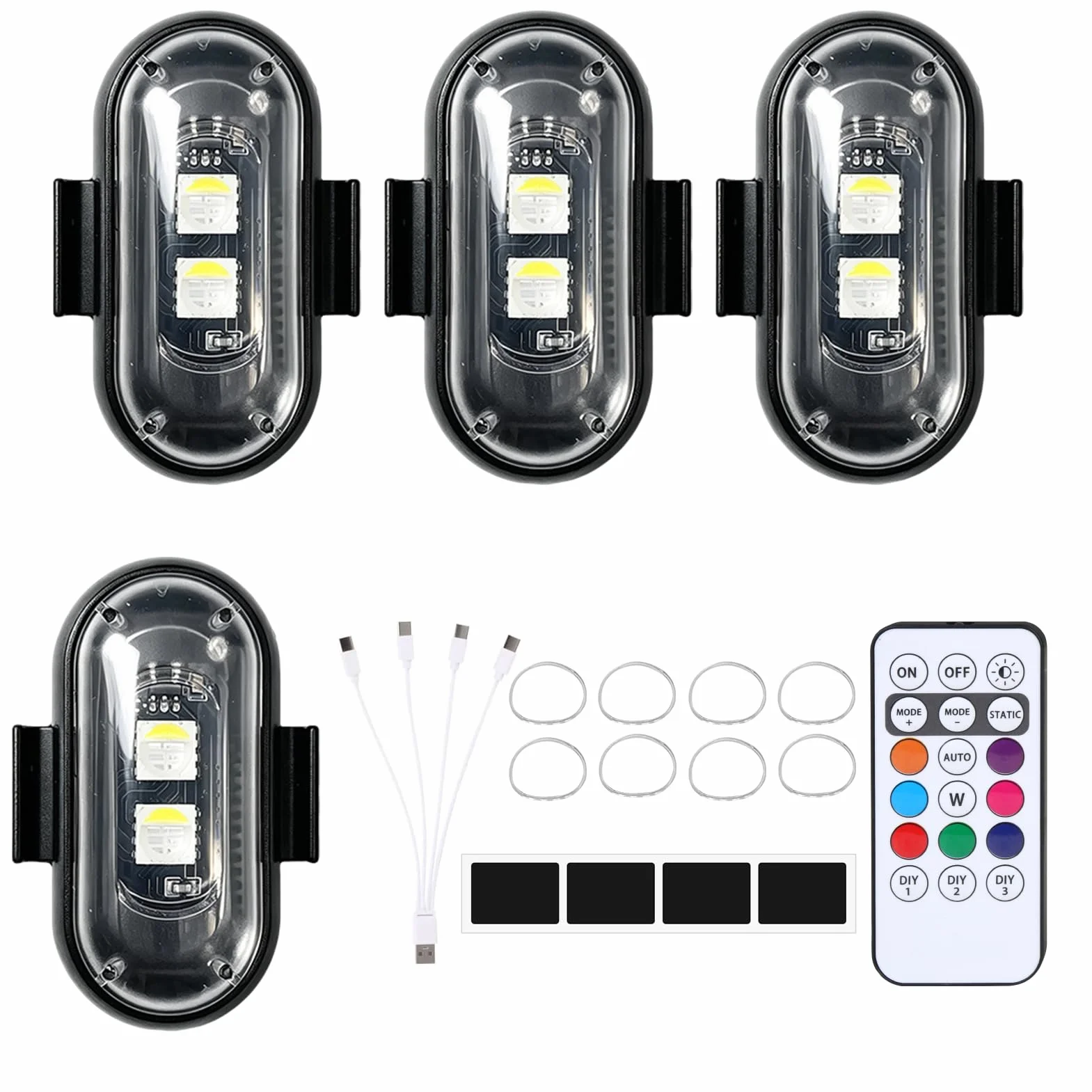 4 Pièces Luces Estroboscópicas LED Inalámbricas para Dron Coche Moto, LED Estroboscópico Luz Interior Coche con Mando a Distancia, 8 Colores y Modos de Flash, Carga USB Impermeable Anticolisión