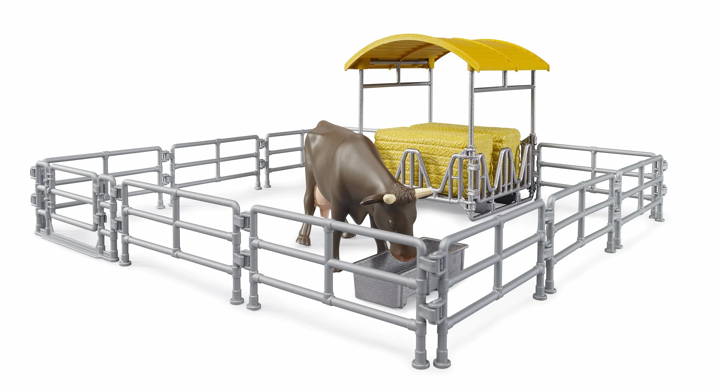Bruder 62612 - Comedero con Vallas, abrevadero, pacas cuadradas y 1 Vaca - Accesorios para Granjas, Agricultura, Vacas, Juguetes