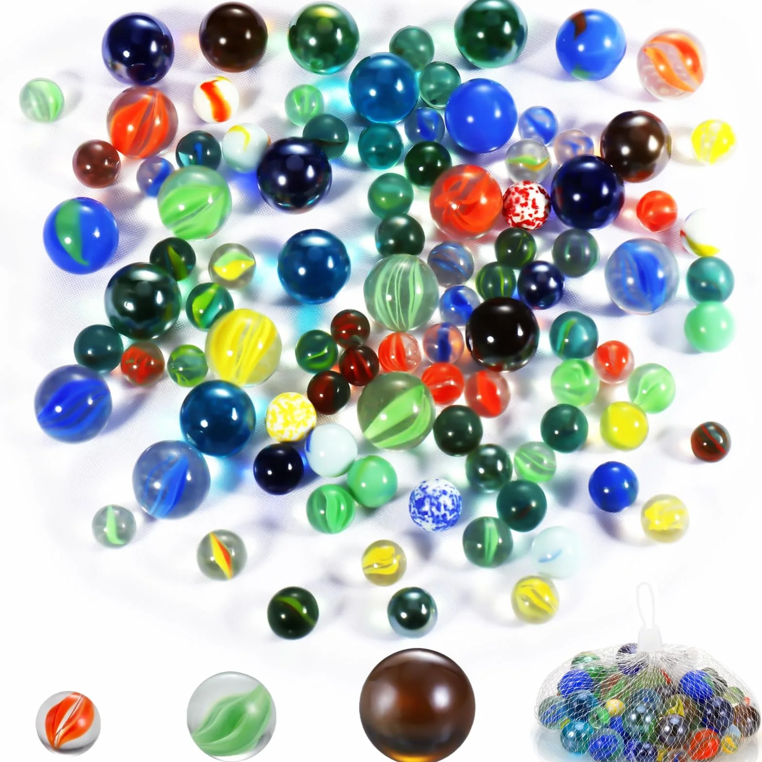 100 PCS Canicas para Niños, Canicas de Cristal Multicolor, Juegos de Canicas para Niños, 14mm, 16mm y 25mm, Canicas Grandes y Pequeñas para Jugar y Coleccionar, Decoración de Plantas y Hogar
