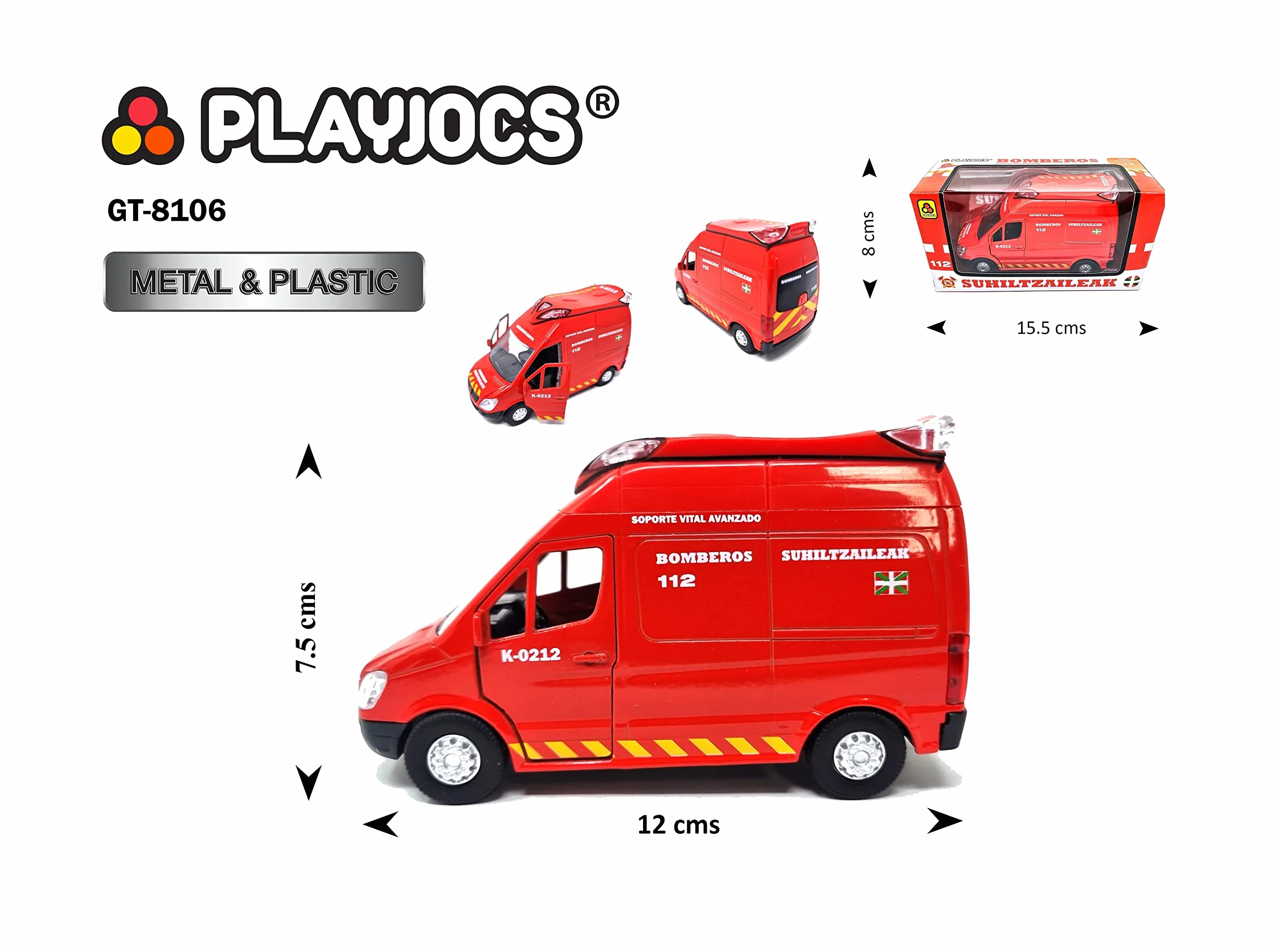 PLAYJOCS GT-8106 VEHÍCULO AMBULACIA SUHILTZAILEAK. Vehículo metálico, Juguete Ideal para niños y coleccionistas.