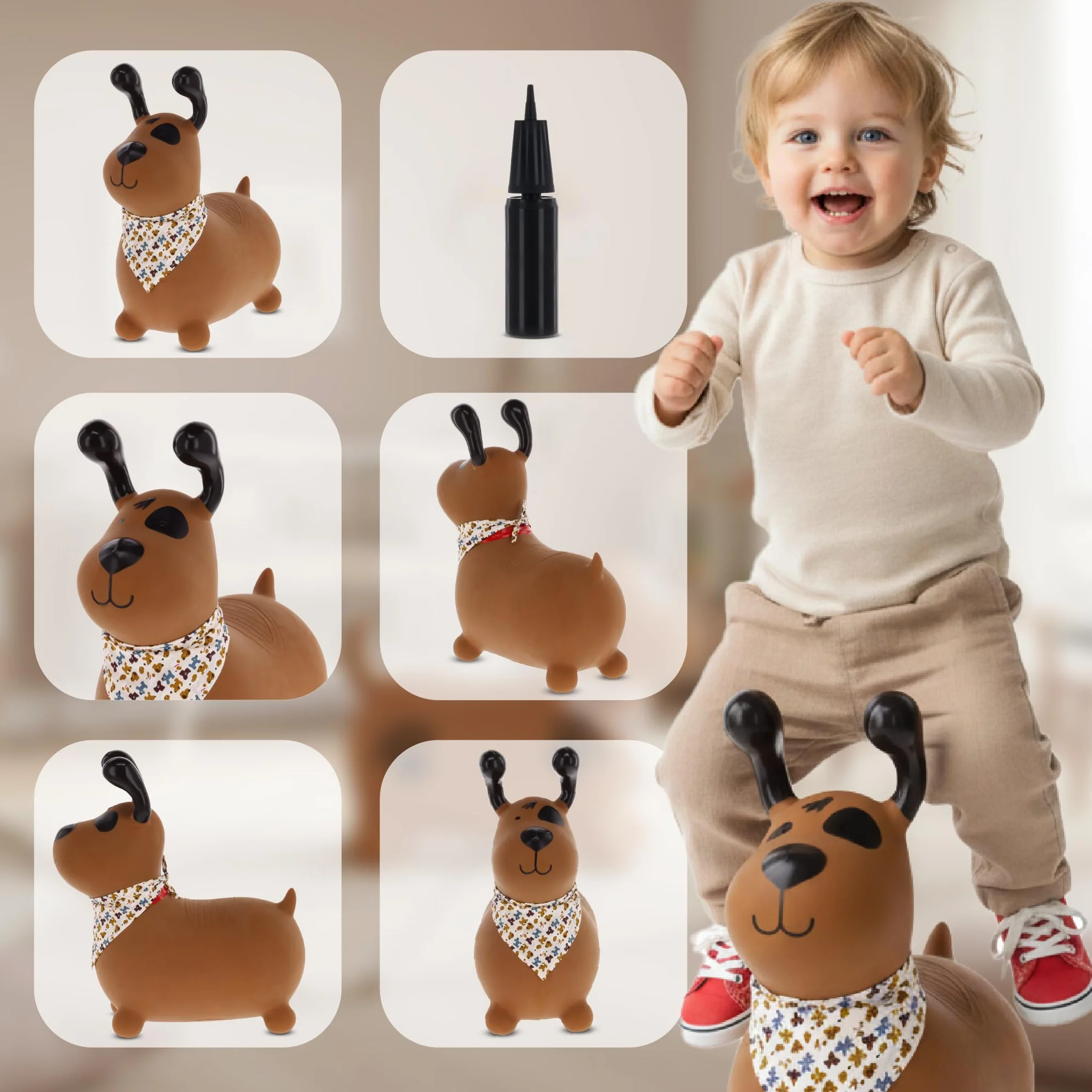 sun baby Saltador Hinchable para Niños hasta 45 Kg sin BPA, de 1 año, Pelotas saltarinas para niños (Perro marrón con Bandana)