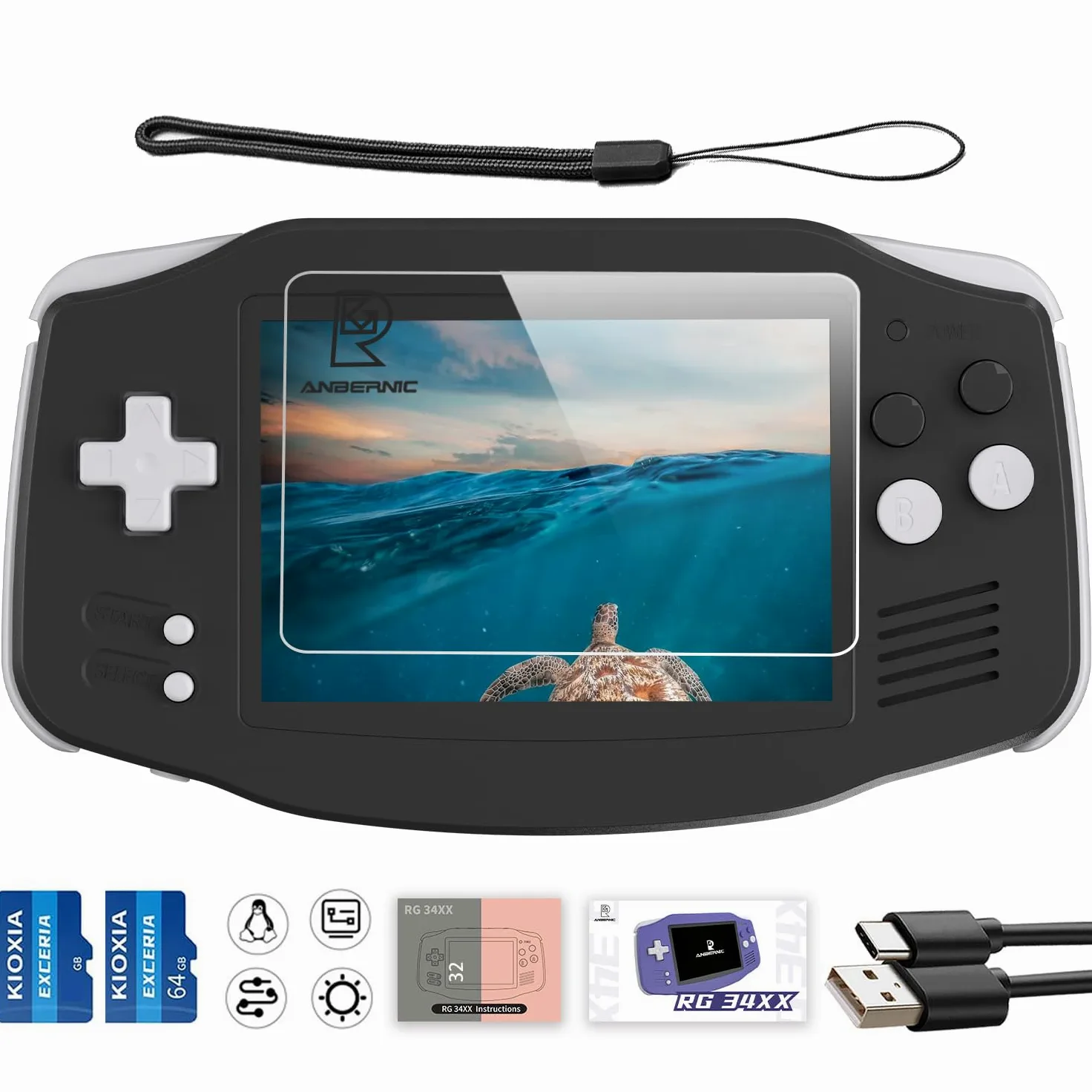 RG34XX Consola de juegos de mano retro, visualización IPS de 3.4 pulgadas, almacenamiento de 64 GB, juegos preinstalados 5532, WiFi, HDMI (RG34XX-Negro)