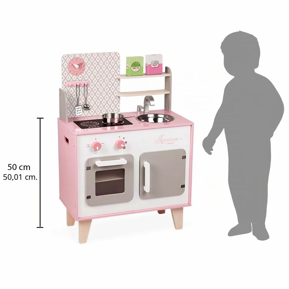 Janod - Cocina Infantil de Madera Macaron - Equipada con Nevera y Microondas - Con Sonidos - Imitación y Desarrollo - 5 Accesorios Incluidos - Desde 3 años, J06567, Rosa y Blanco