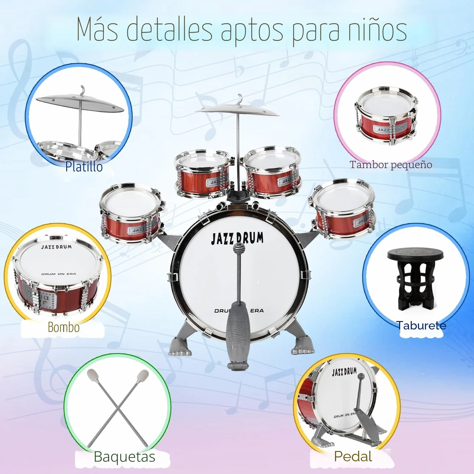 m zimoon Batería de música para niños Kit, Juego Tambor Jazz Junior 5 Tambores con Taburete para Instrumento Musical de Percusión Día ​Festivo Regalo uguete Educativo por Niños Y Niñas Principiantes