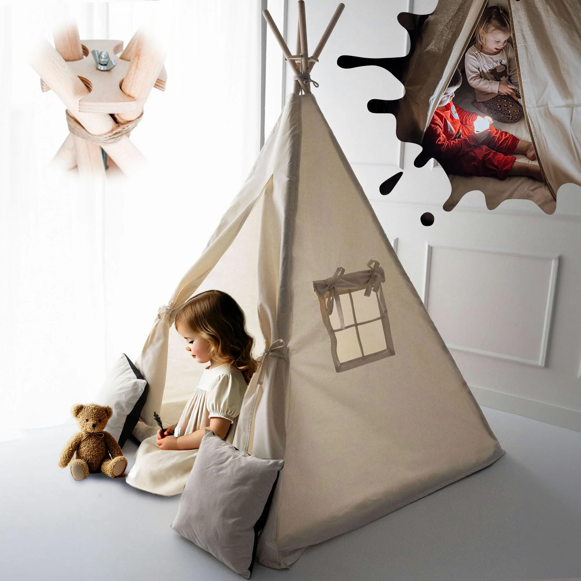 PaLulli Tipi - Tienda de campaña para niños con alfombra y sistema anticolapso y 3 cojines decorativos de lona de algodón (beige)