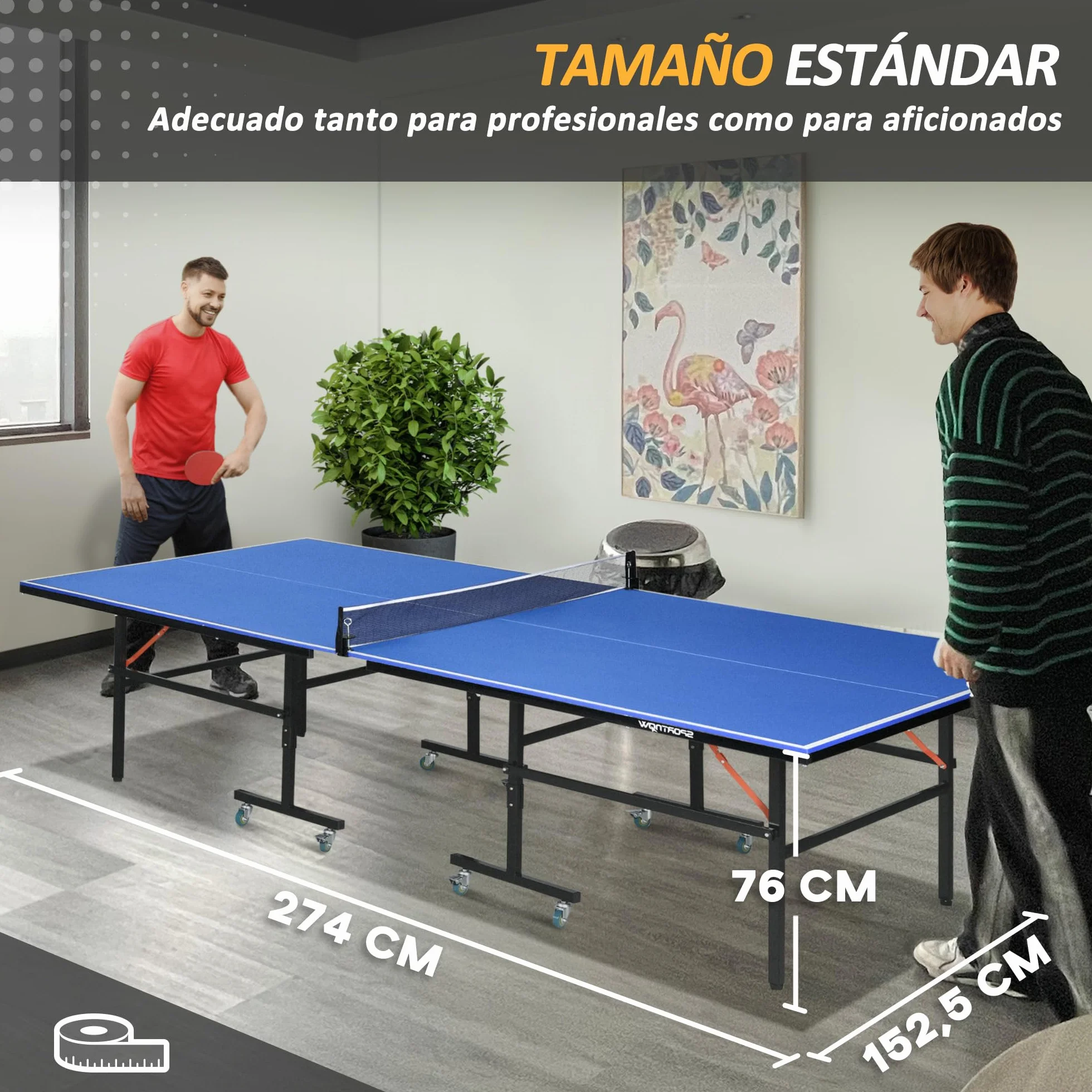 SPORTNOW Mesa de Ping Pong Plegable Profesional Tamaño Estándar con Ruedas 274x152,5x76 cm Azul