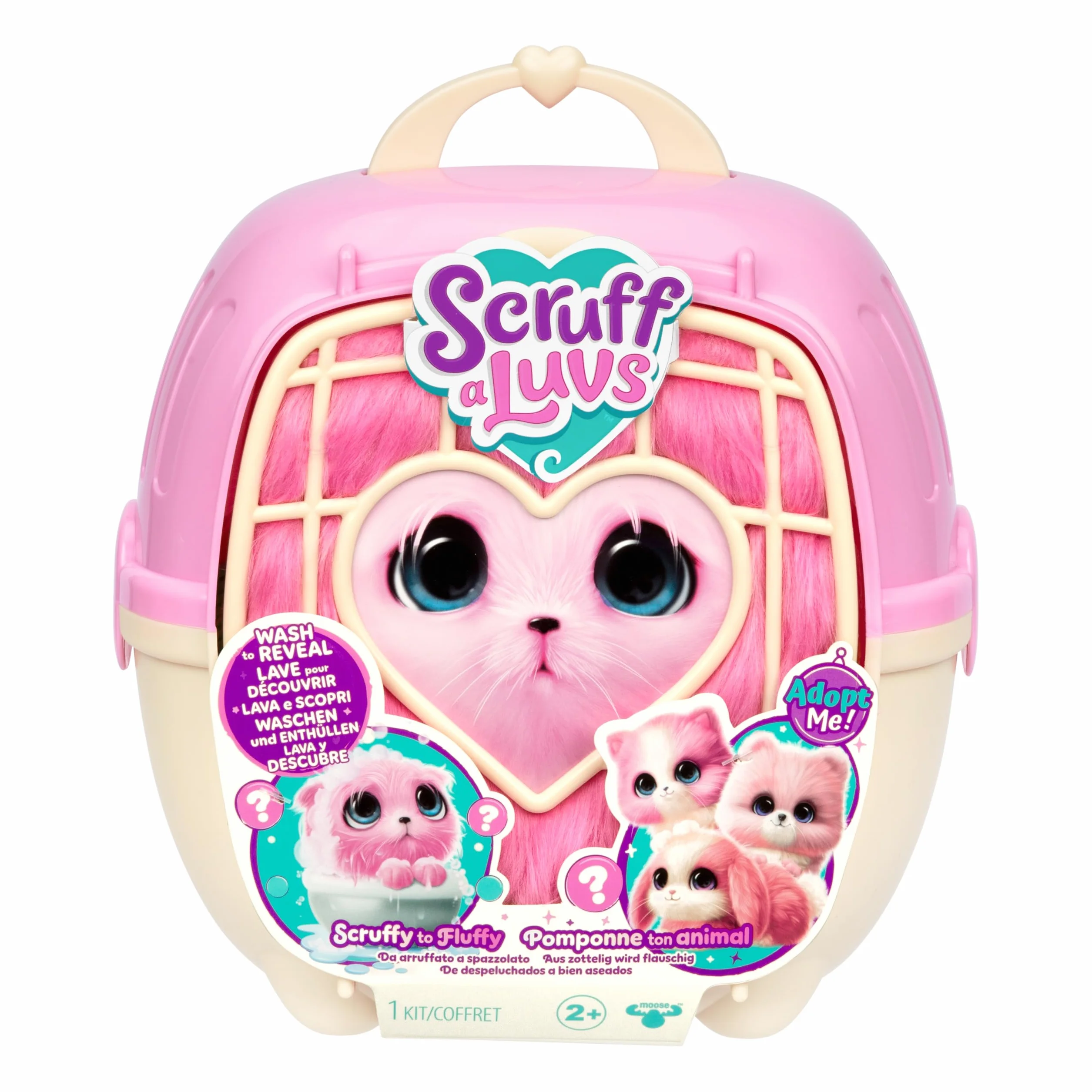 SCRUFFALUVS Little Live Pets Scruff Mascota Rosa - Peluche Sorpresa, 19 cm - Lava para Descubrir 1 de 3 Mascotas rescatadas: Perrito, Conejito o Gatito - Incluye un transportín Deluxe de 22 cm