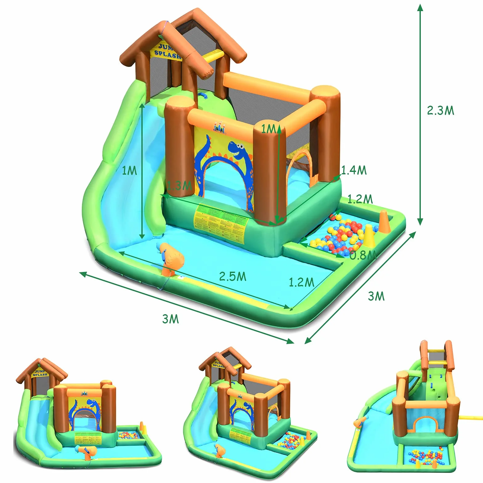 COSTWAY Parque Acuático Inflable con Tobogán, Tobogán Inflable en Tejido Oxford con Piscina Pared para Escalar Hidrante de Agua Casita Piscina con Pelotas, con Compresor