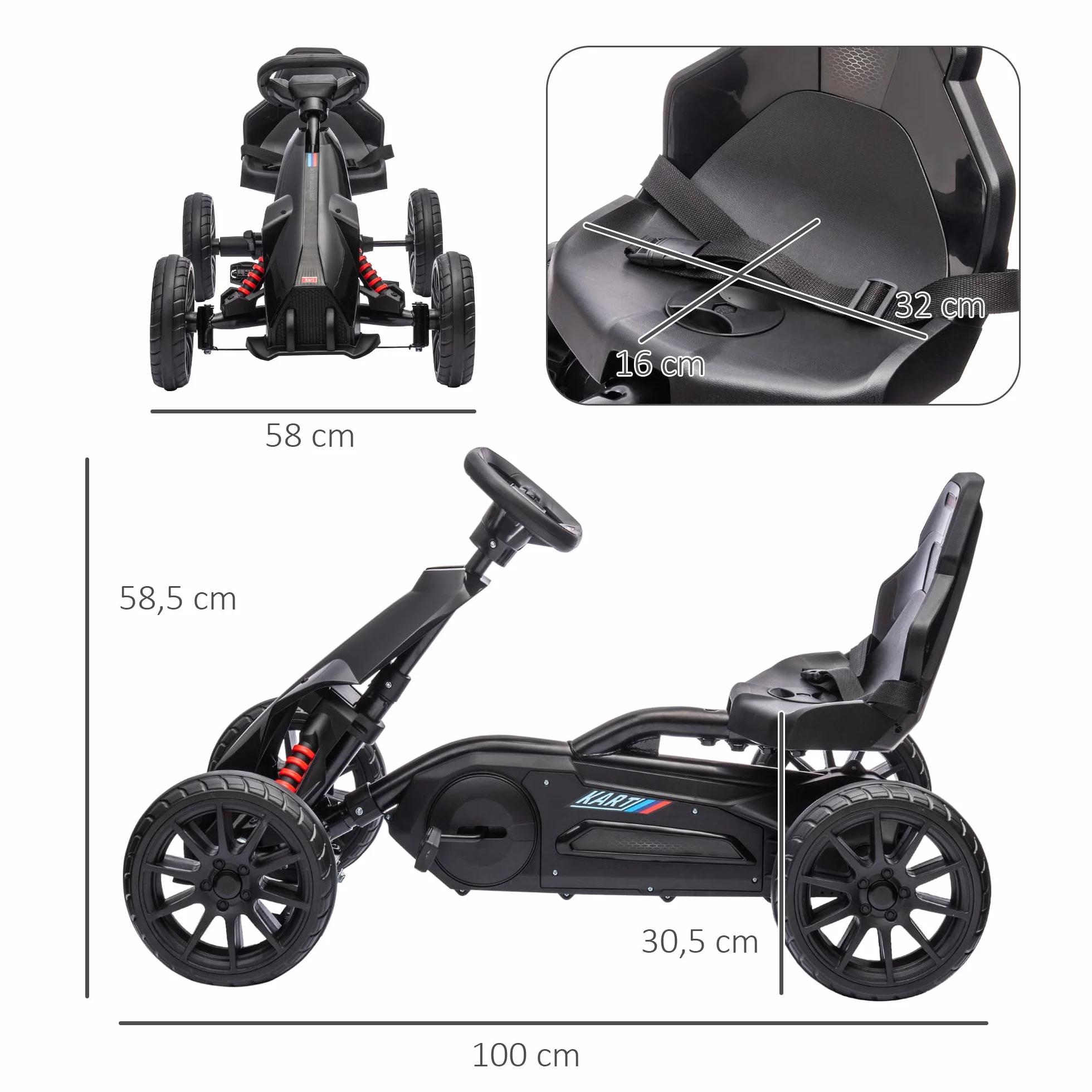 HOMCOM Kart Pedales Go Kart a Pedales para Niños de 3-8 Años con Asiento Ajustable en 4 Posiciones Freno de Mano Ruedas de EVA y Marco Metálico Carga 30 kg Negro