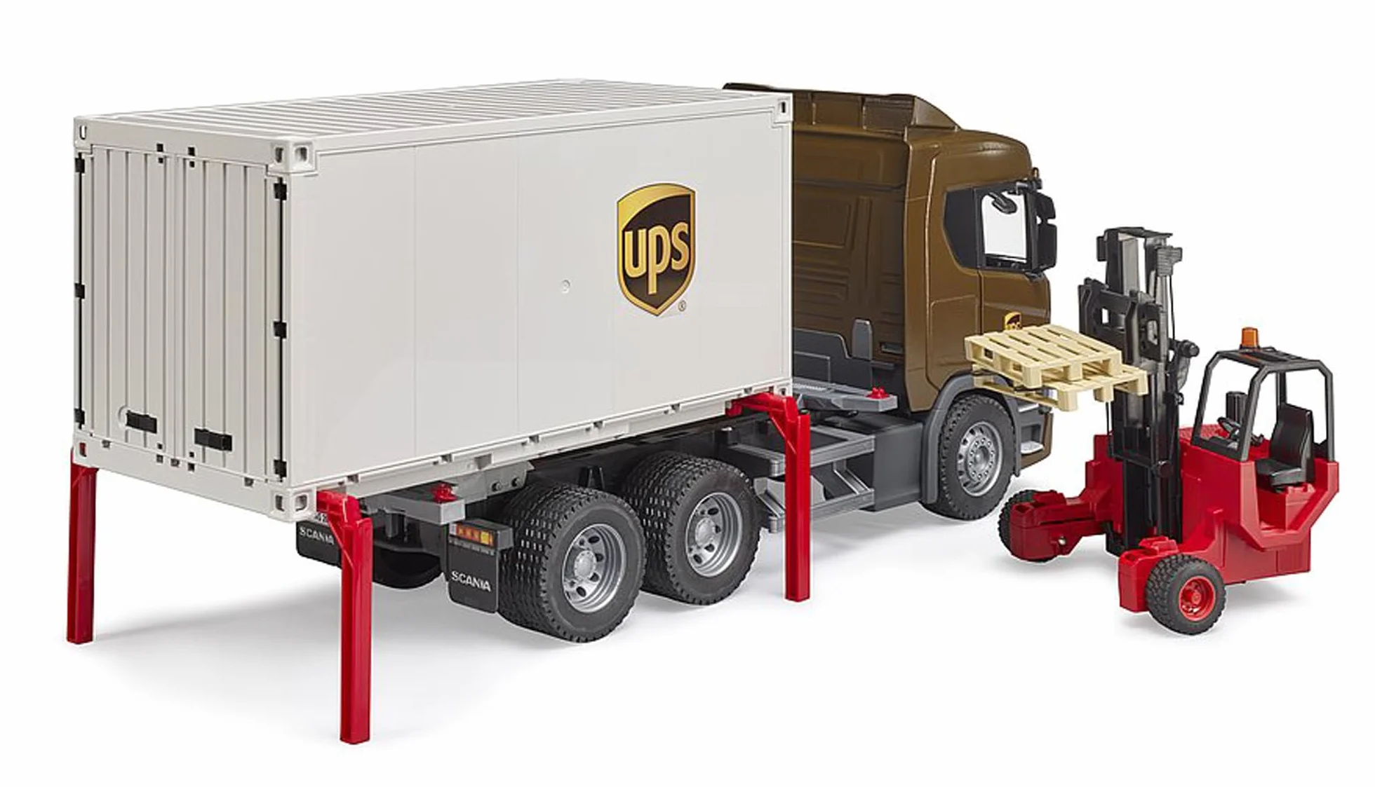 Bruder - 03582 - Scania Super 560R Camión logístico UPS con Carretilla elevadora, vehículos, paquetería, Transporte, Carretilla elevadora, transportador, Juguetes a Partir de 4 años | Con carretilla elevadora, repartidor de paquetes, empresa de transporte