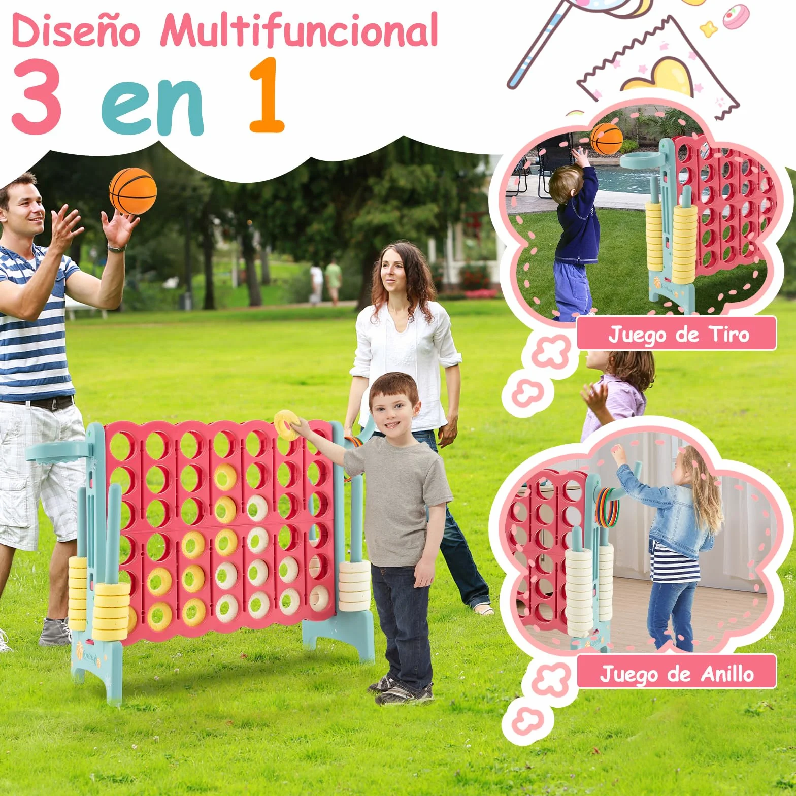 COSTWAY Conecta 4 Gigante, Mega 4 para Niños y Adultos, Juego de Exterior 74 cm con Canasta y Juego de Lanzamiento de Anillos, 42 Piezas Gigantes con Pegitinas y Boloncesto (Rojo y Azul)