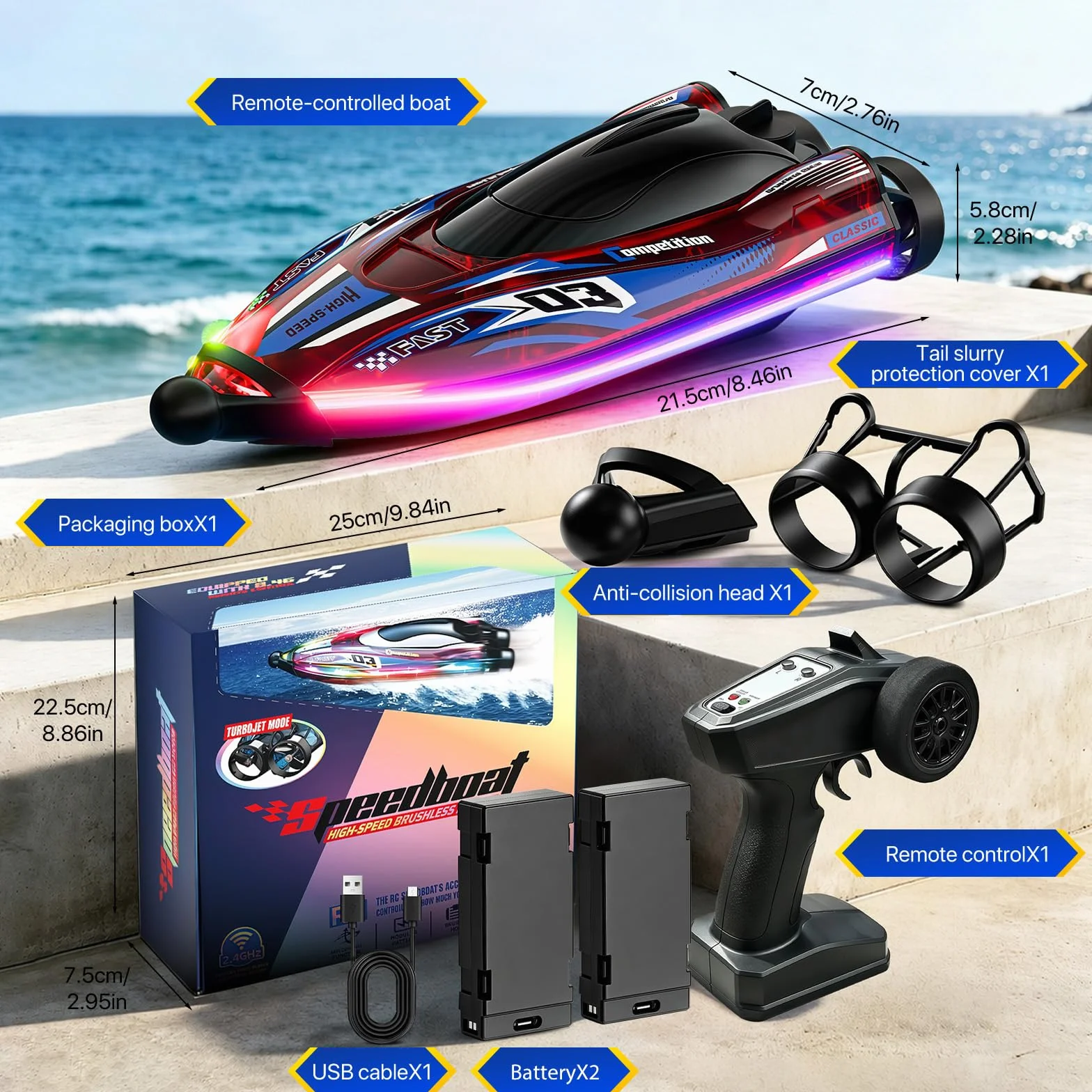 Barco Control Remoto Velocidad 25 Km/H, Receta Automática De 360°,Barco Rc Luces Led, Resistente A Golpes Y Resistente A La Impermeabilización, Radiocontrolado 2,4 Ghz, Juguete Acuático Ideal Para