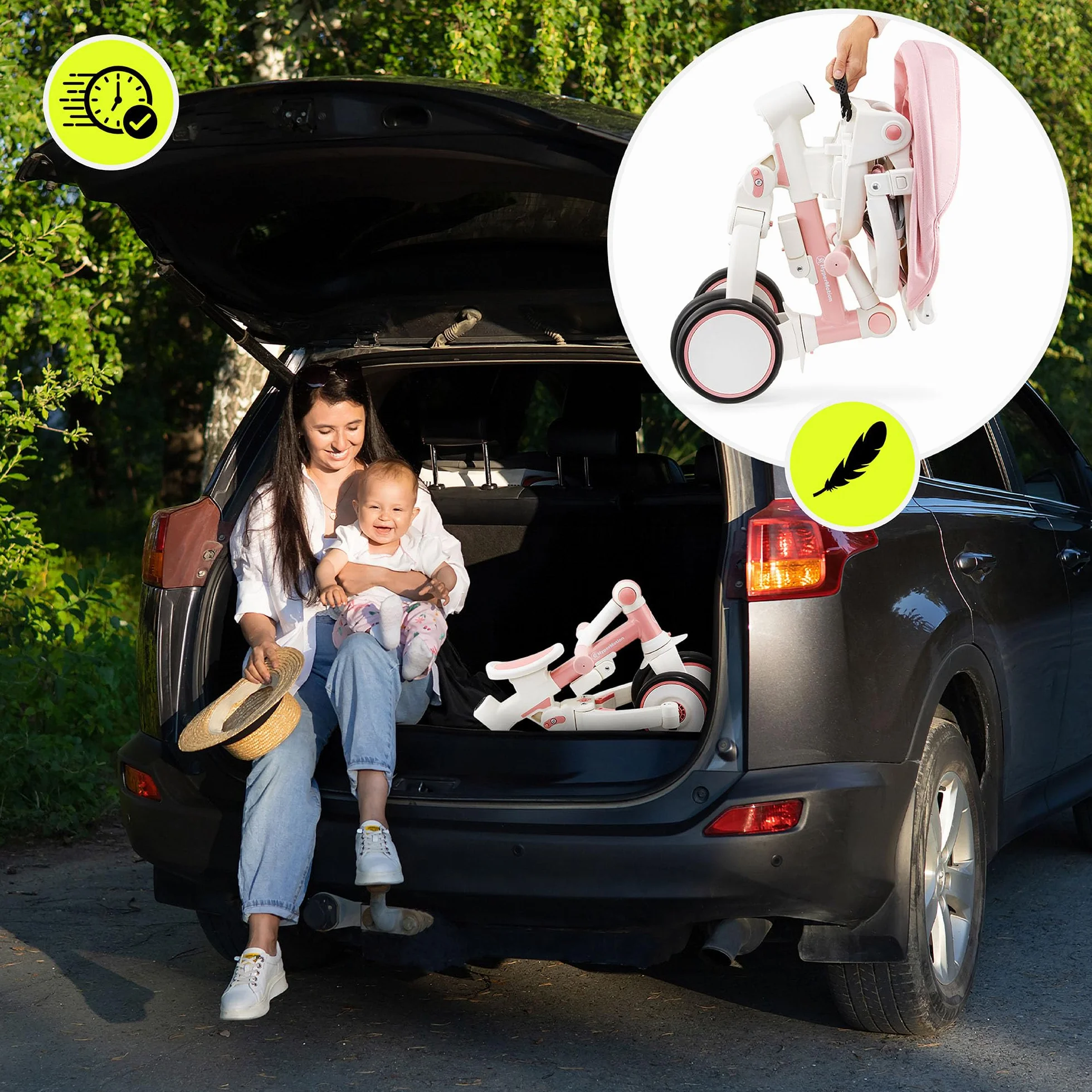 HyperMotion Triciclo Evolutivo 8 en 1 Rosa – Triciclo Bebe Plegable y Reclinable con Asiento 360° y Capota – Arnés, Barra de Empuje – Trike para Niñas de 1 a 5 Años