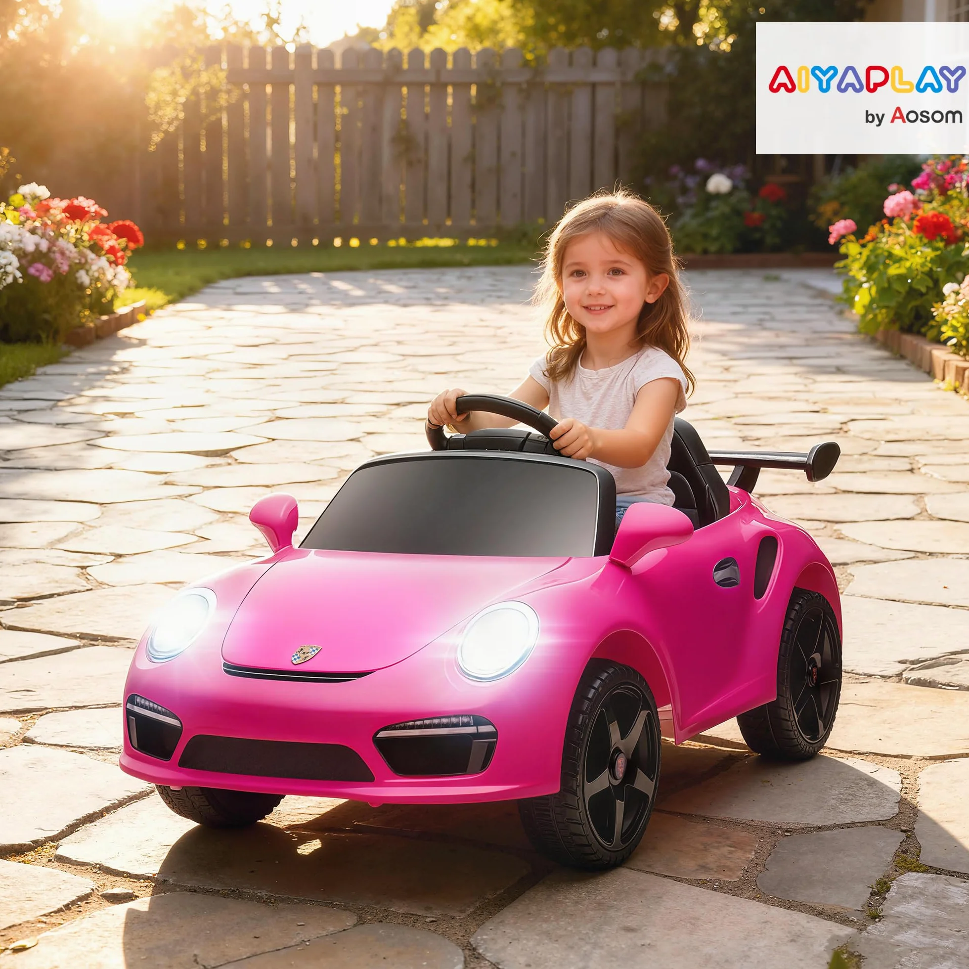 AIYAPLAY Coche Eléctrico para Niños con Licencia RUF CTR 3 Clubsport, Coche de Batería 12V, con Mando a Distancia 2,4 G, Motor Doble, Música Inalámbrica, Bocina, Ruedas Auxiliares y Faros LED, Rosa