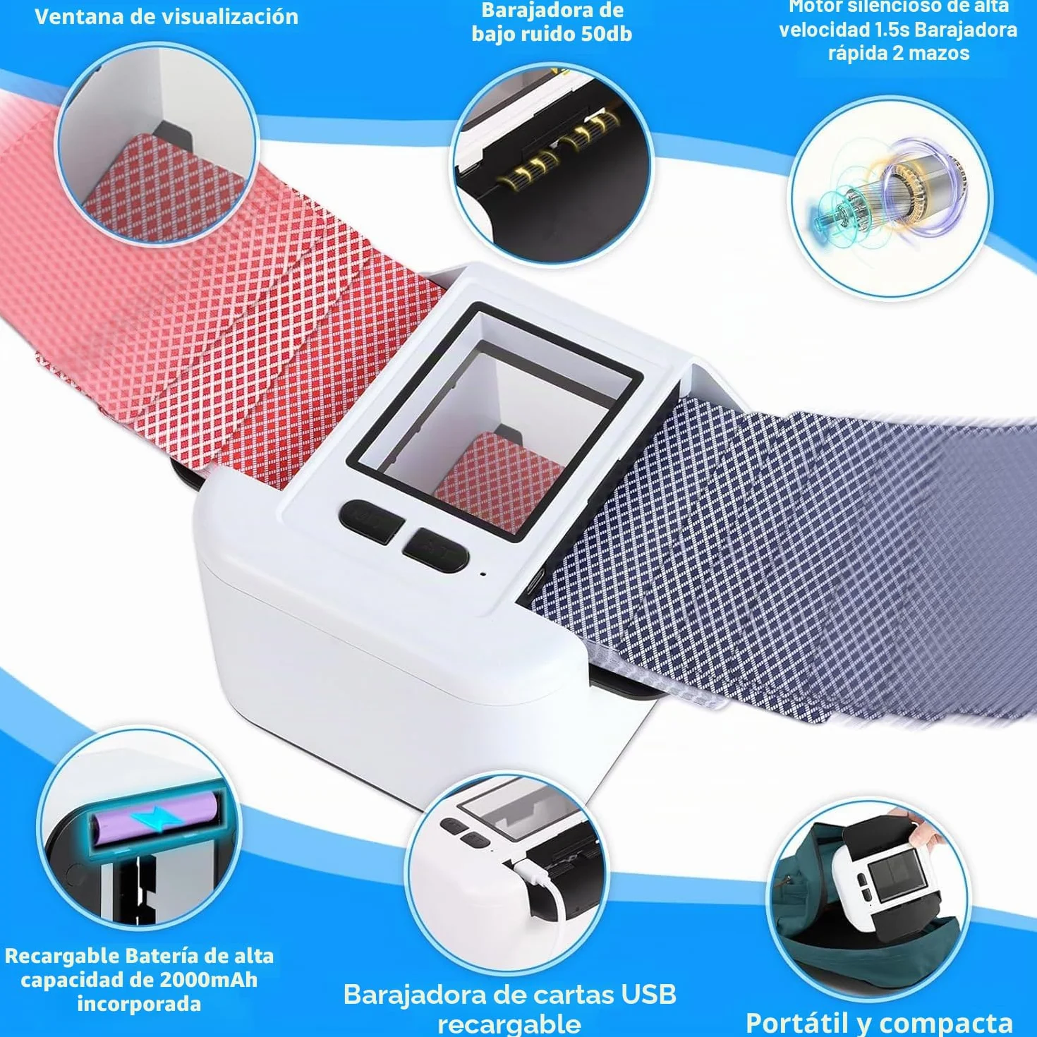 Barajador de Cartas Automático, Barajador Eléctrico para 1-2 Barajas, Modo Automático y Manual, Recargable 2000 mAh, Portátil y Silencioso, para Póker, UNO, Blackjack, Skip-BO